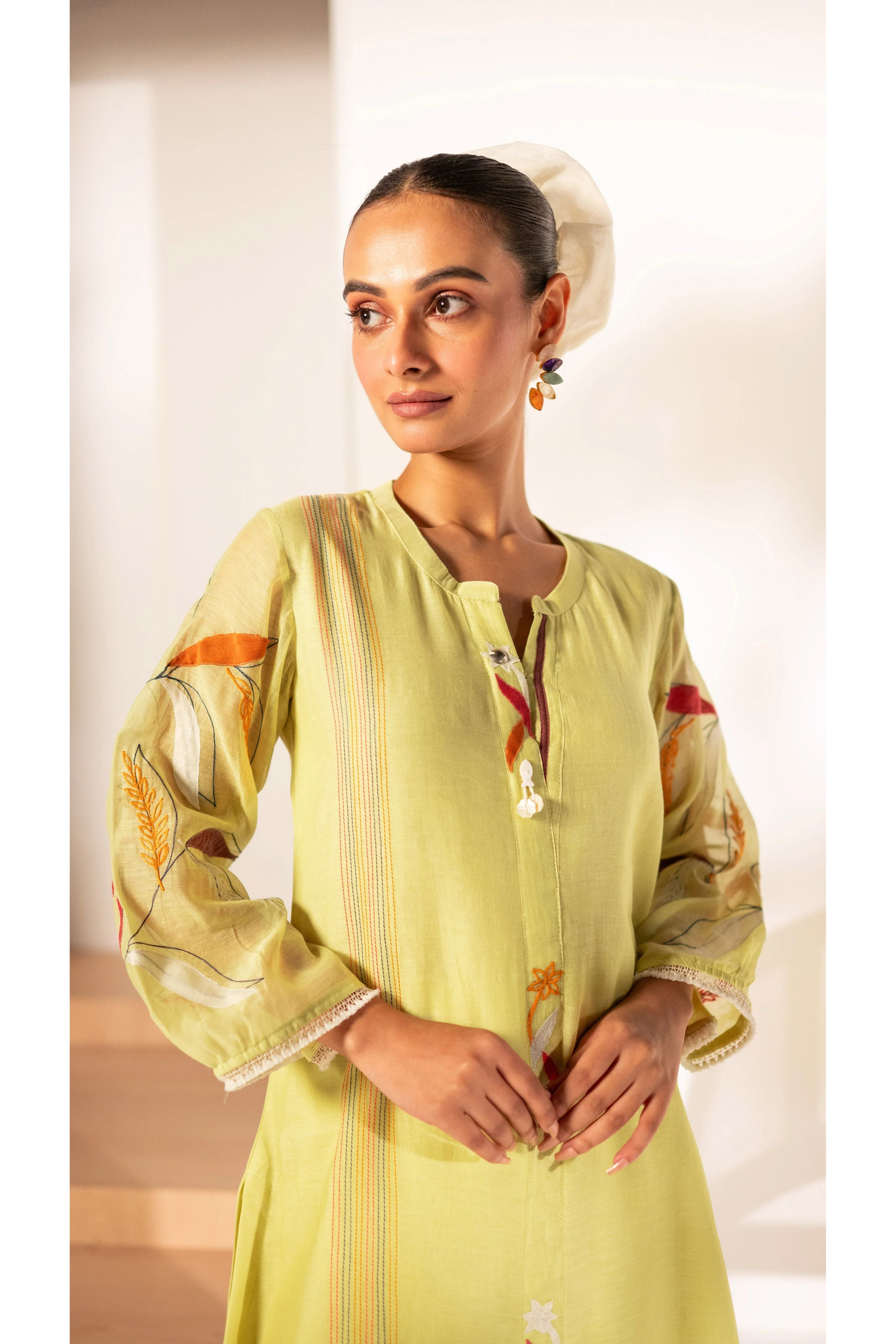 Lime Green Mul Cotton A-line Tunic Set - Mokshaa