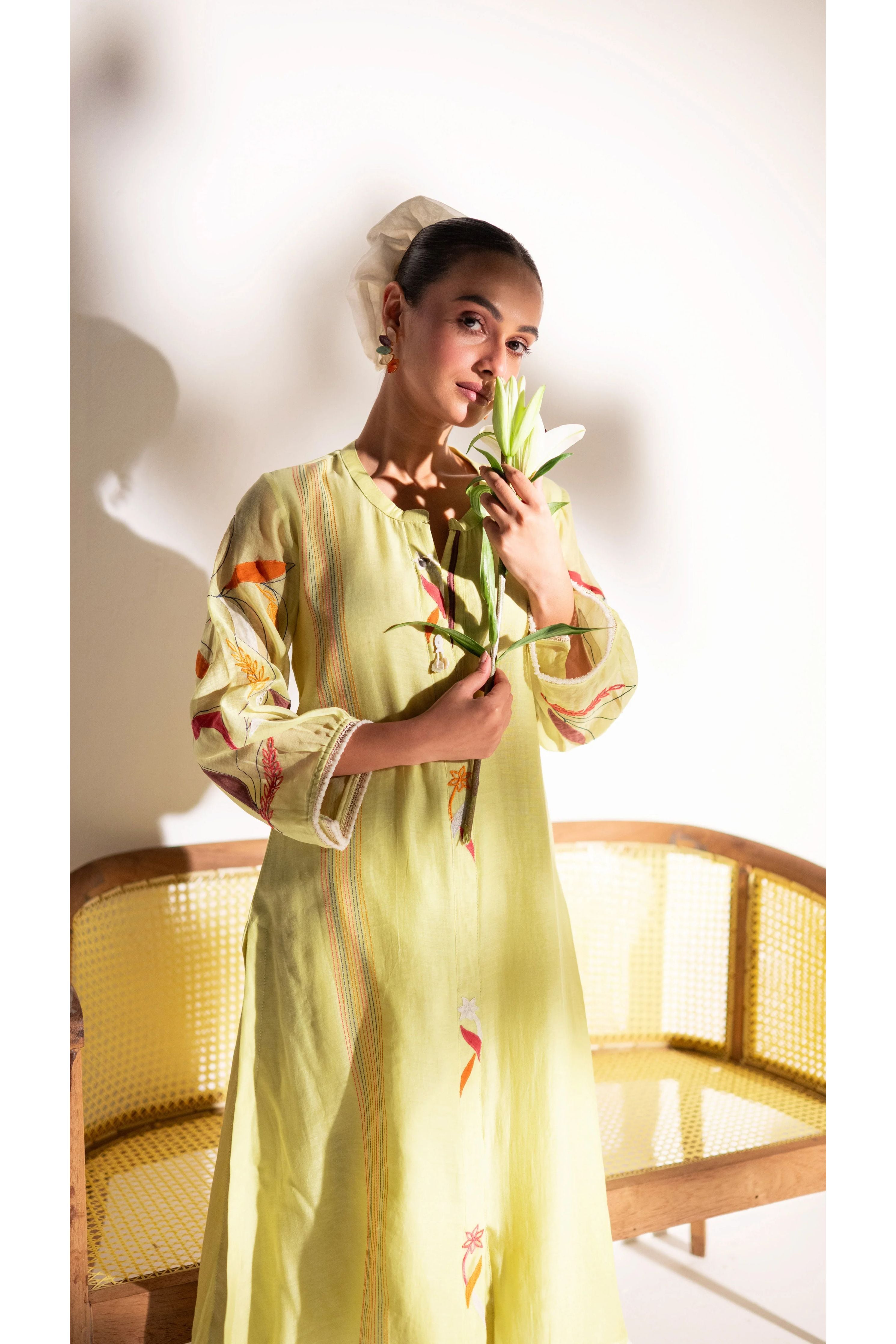 Lime Green Mul Cotton A-line Tunic Set - Mokshaa