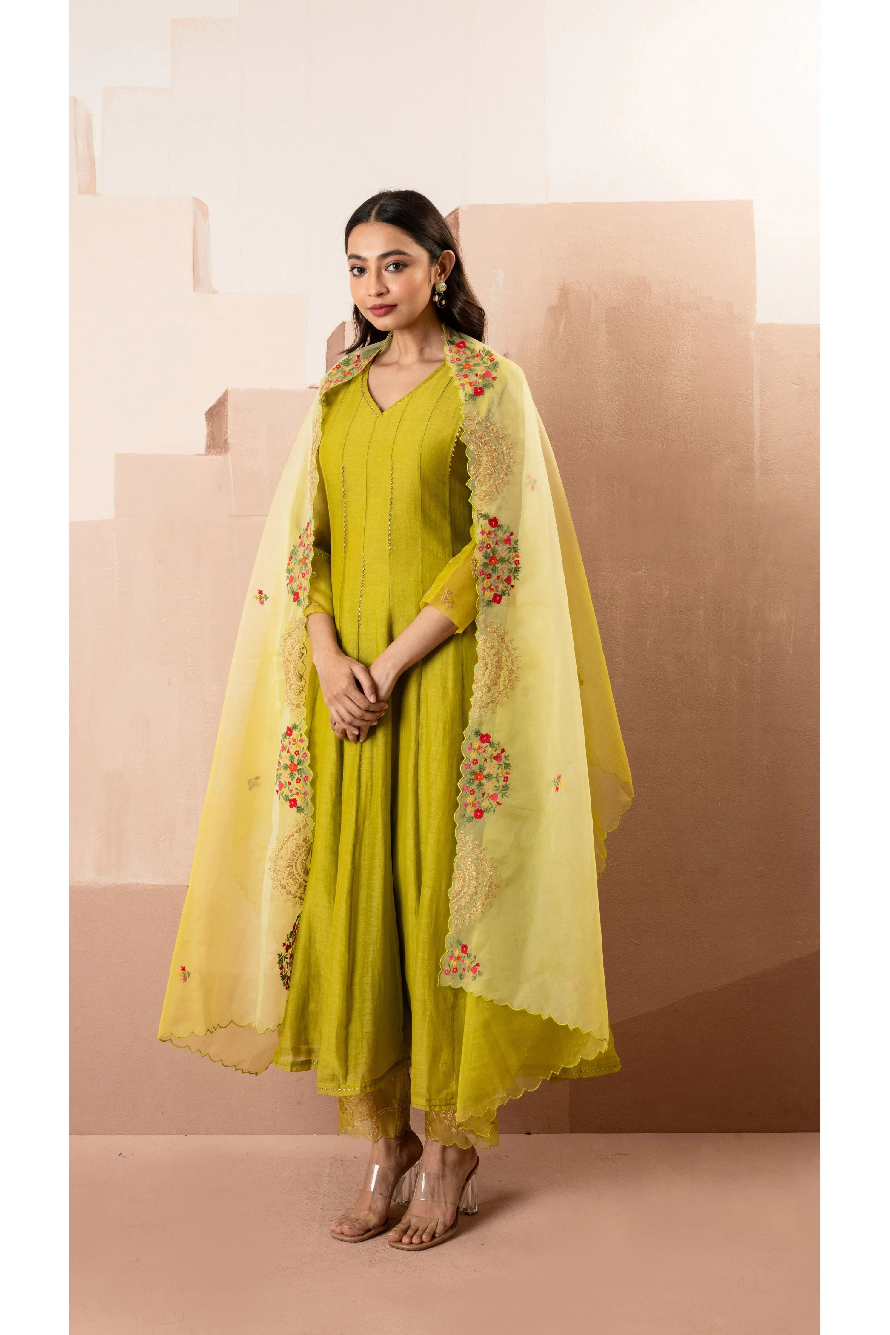 Lime Green Mul Chanderi Anarkali Set - Mokshaa