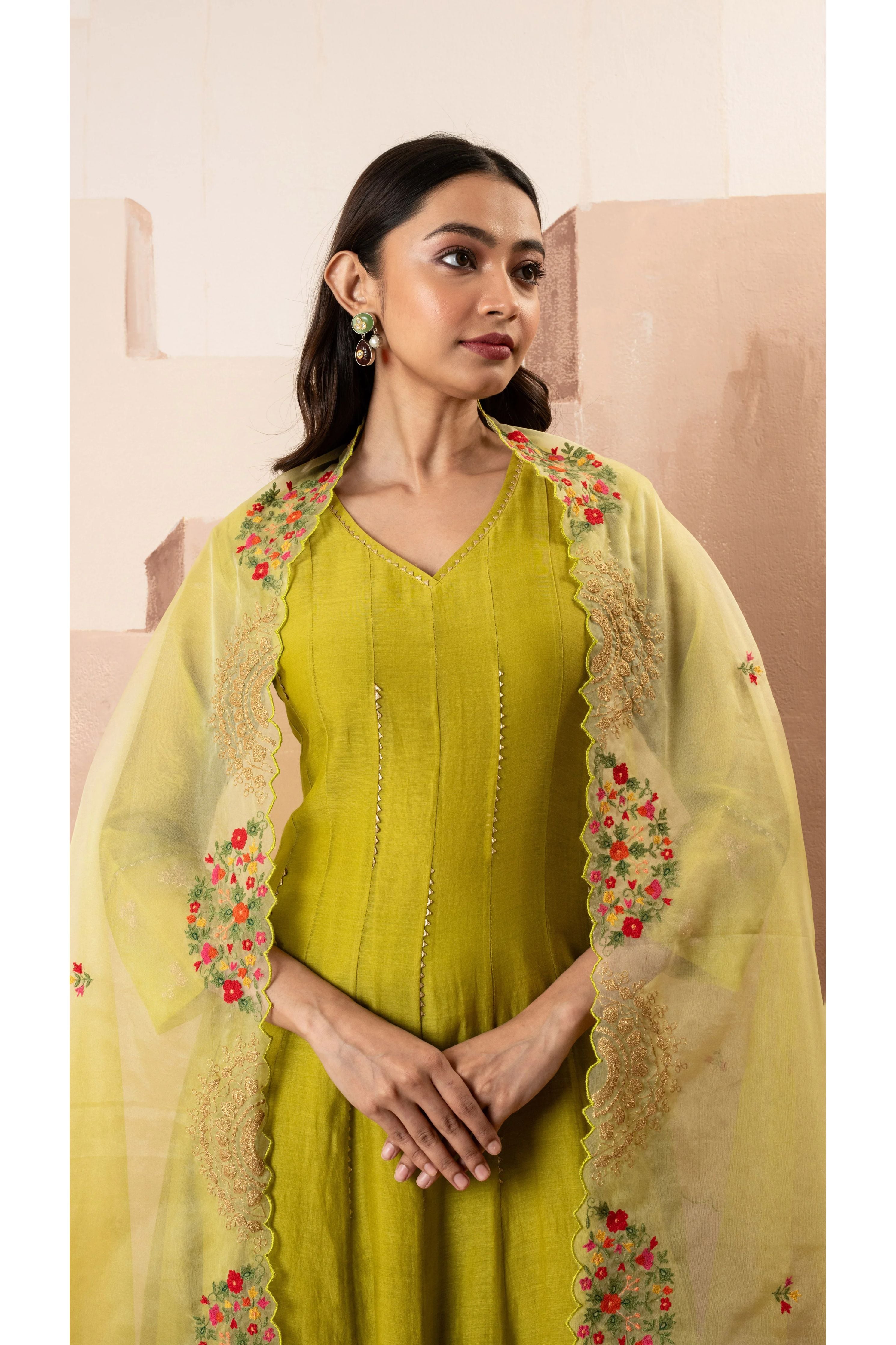 Lime Green Mul Chanderi Anarkali Set - Mokshaa