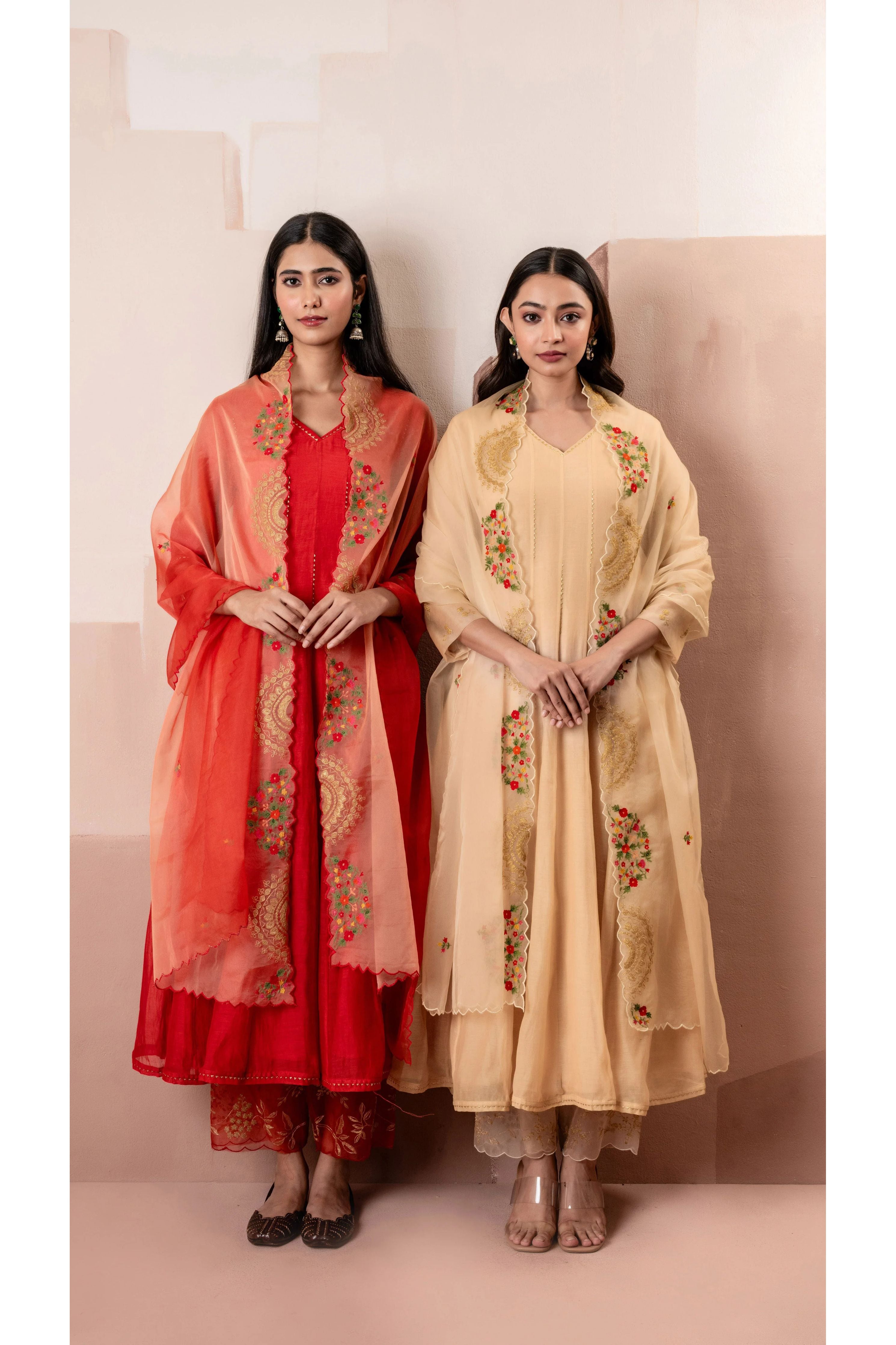 Red Mul Chanderi Anarkali Set - Mokshaa