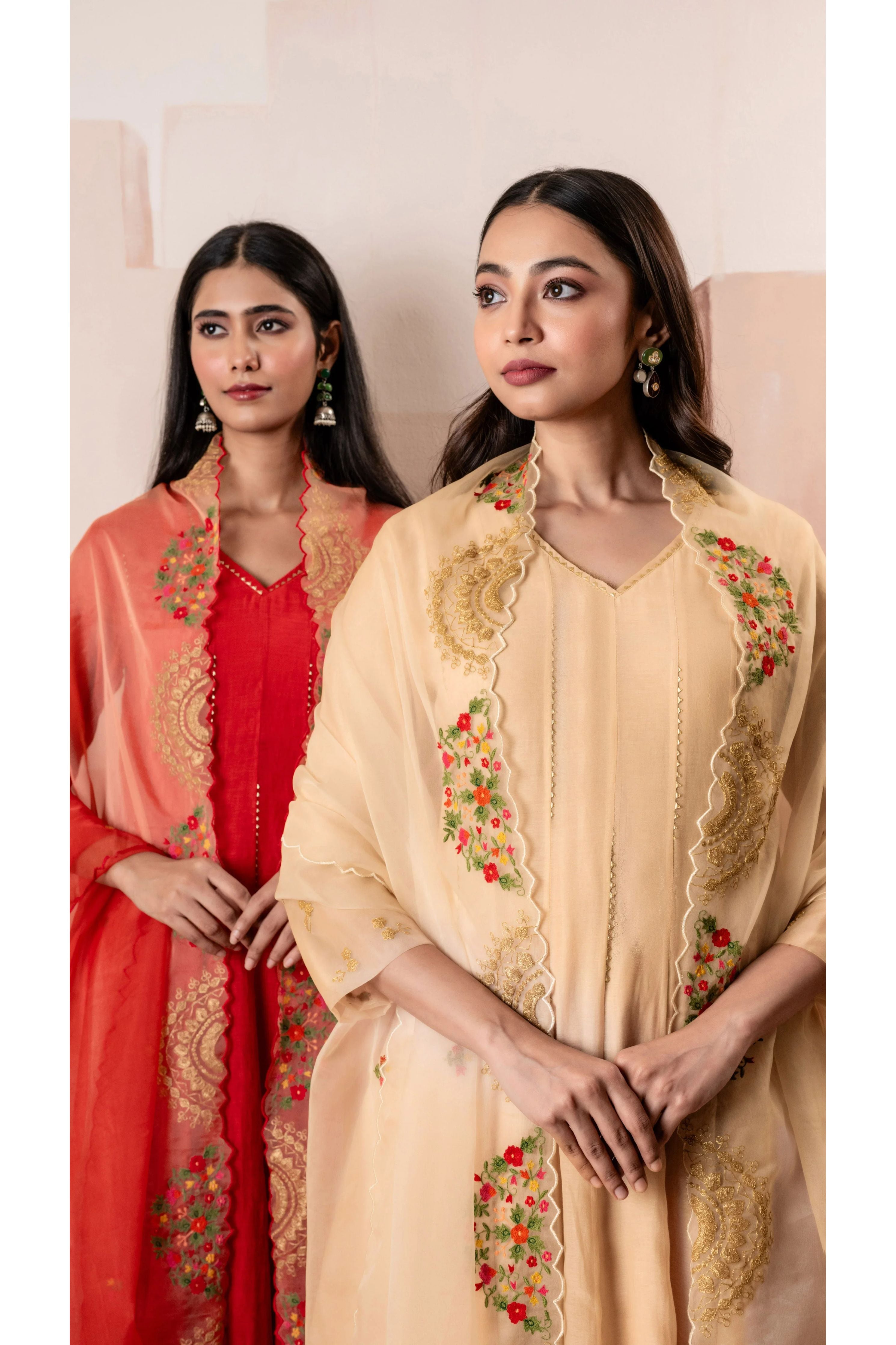 Red Mul Chanderi Anarkali Set - Mokshaa