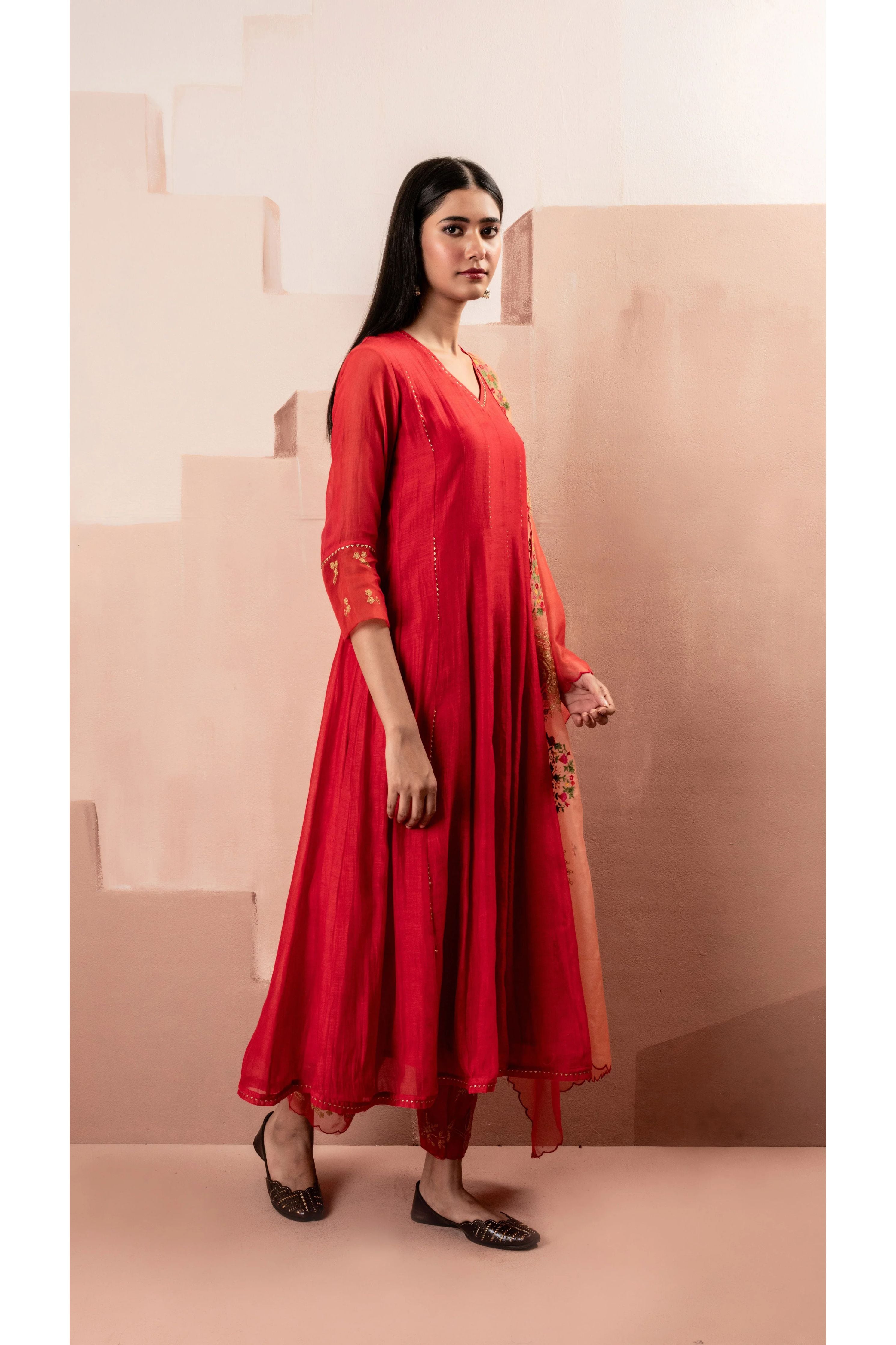 Red Mul Chanderi Anarkali Set - Mokshaa