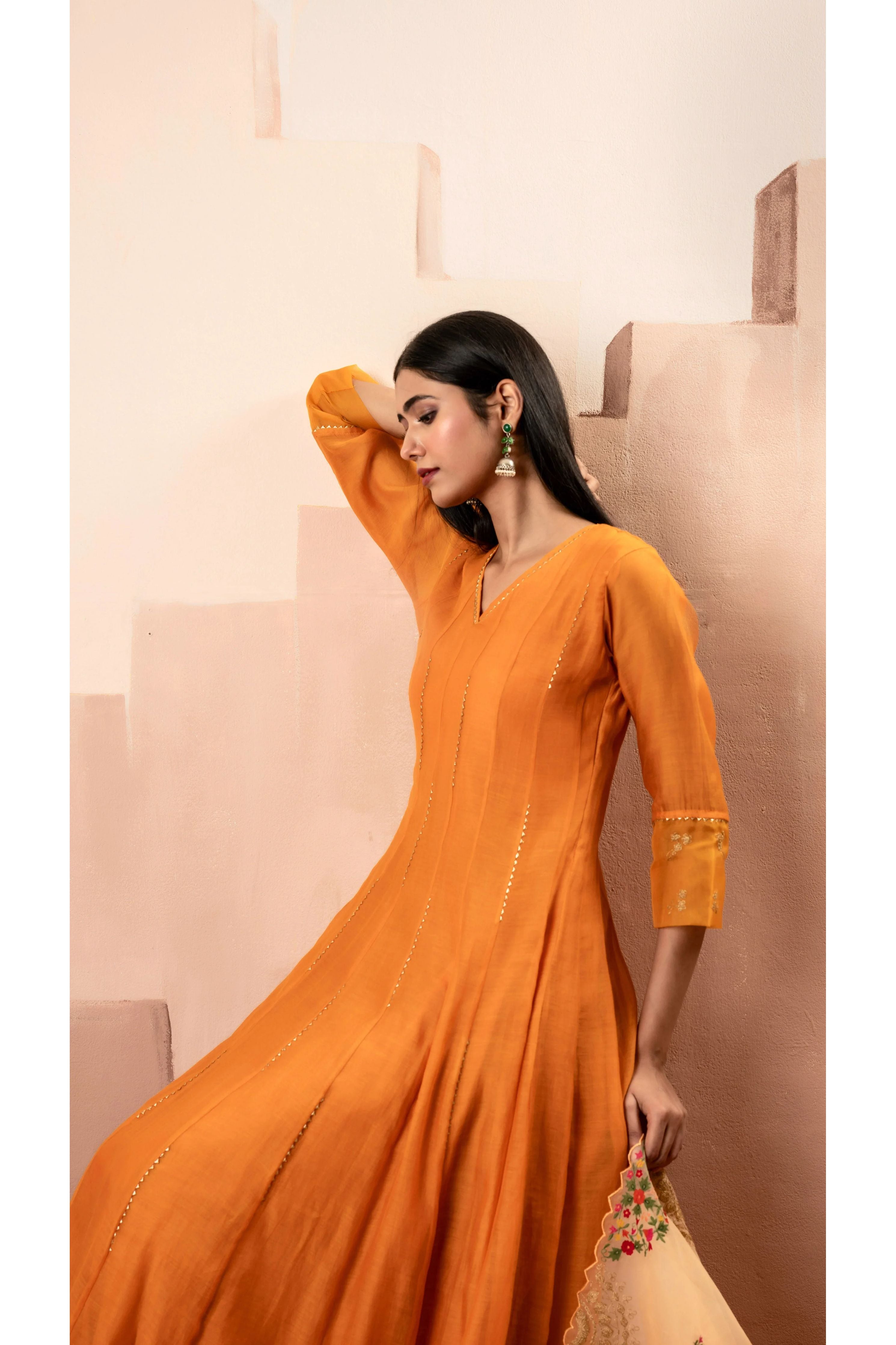 Rust Mul Chanderi Anarkali Set - Mokshaa
