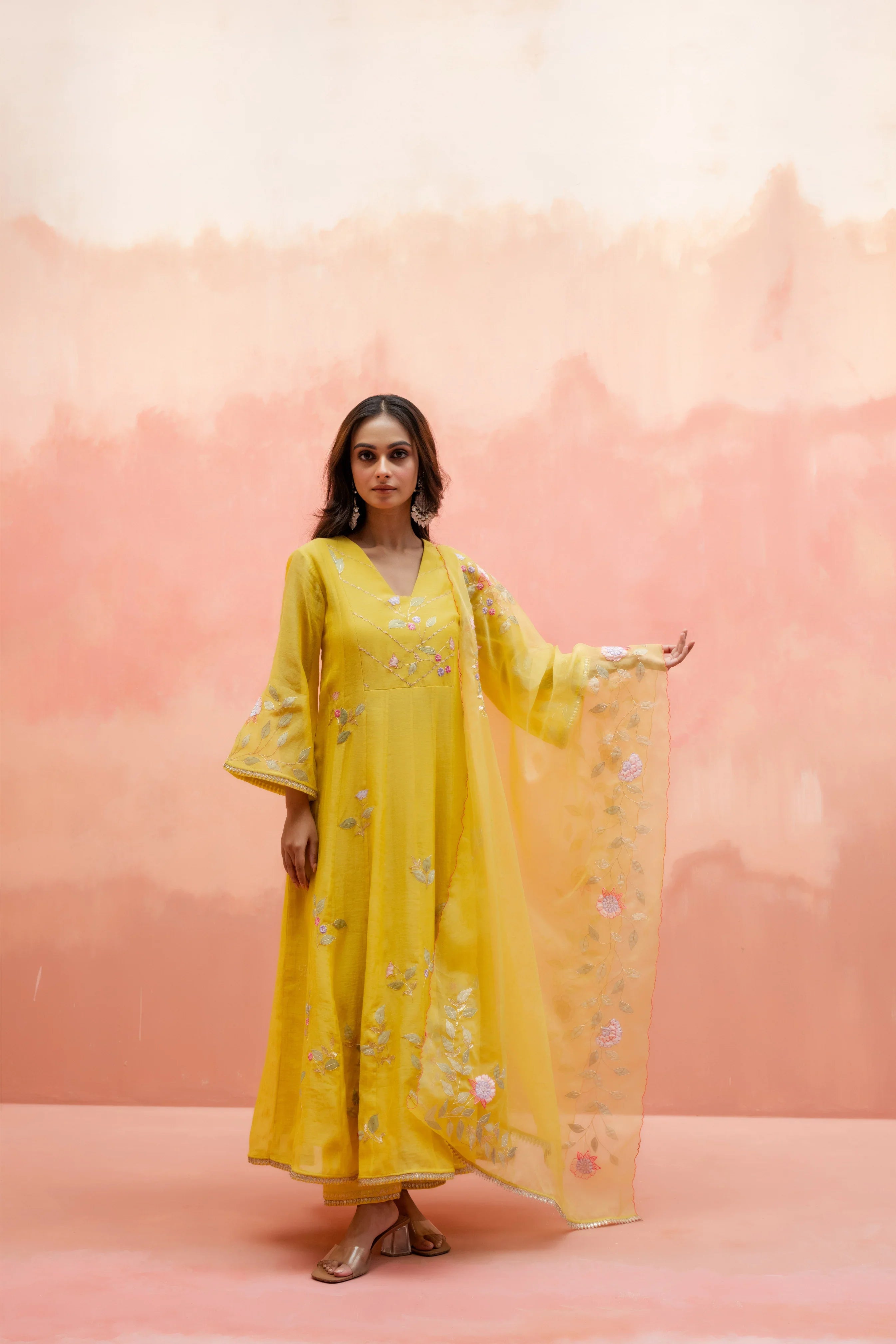 Yellow Mul Cotton Anarkali Set with Embroidered Organza Dupatta - Mokshaa