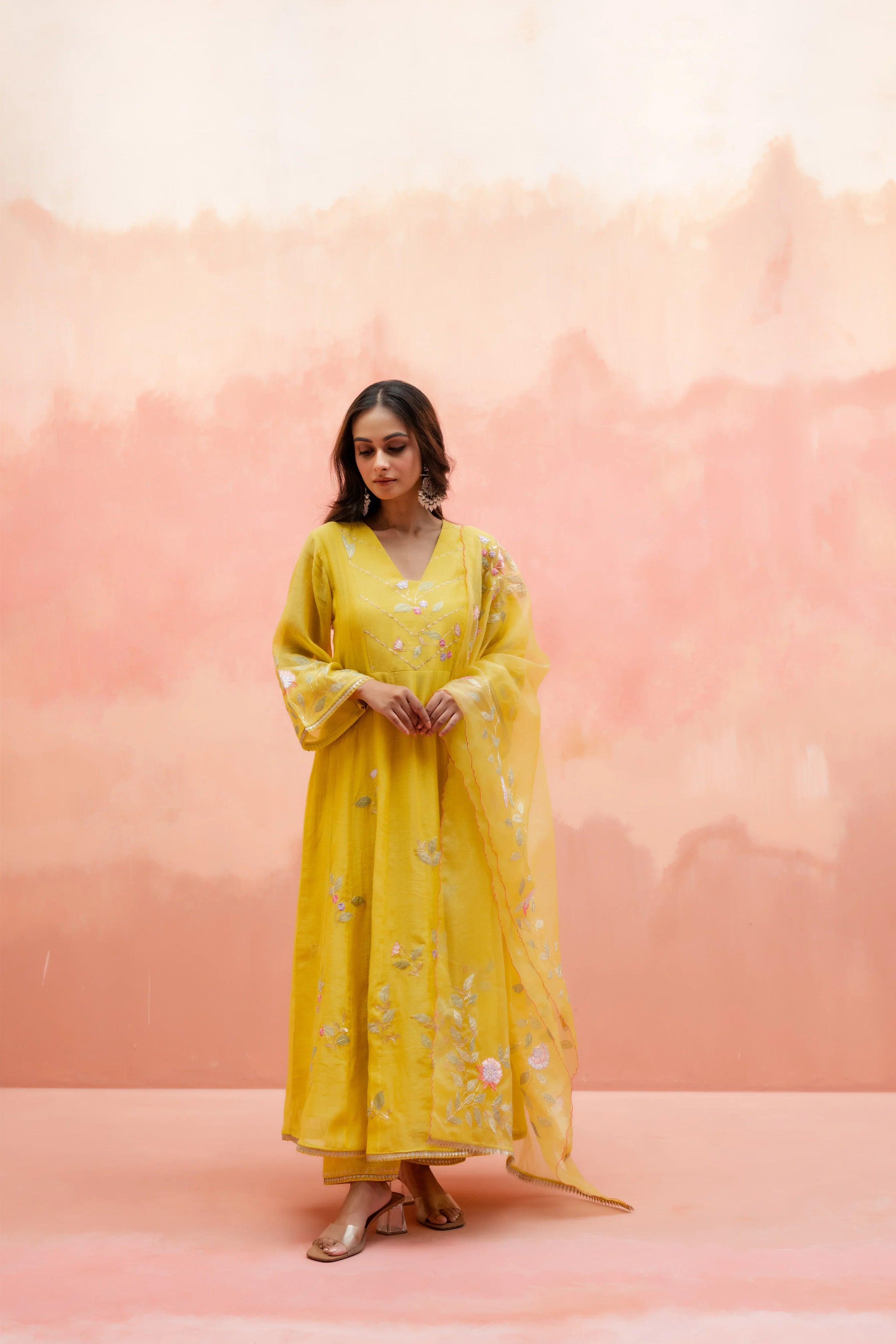 Yellow Mul Cotton Anarkali Set with Embroidered Organza Dupatta - Mokshaa