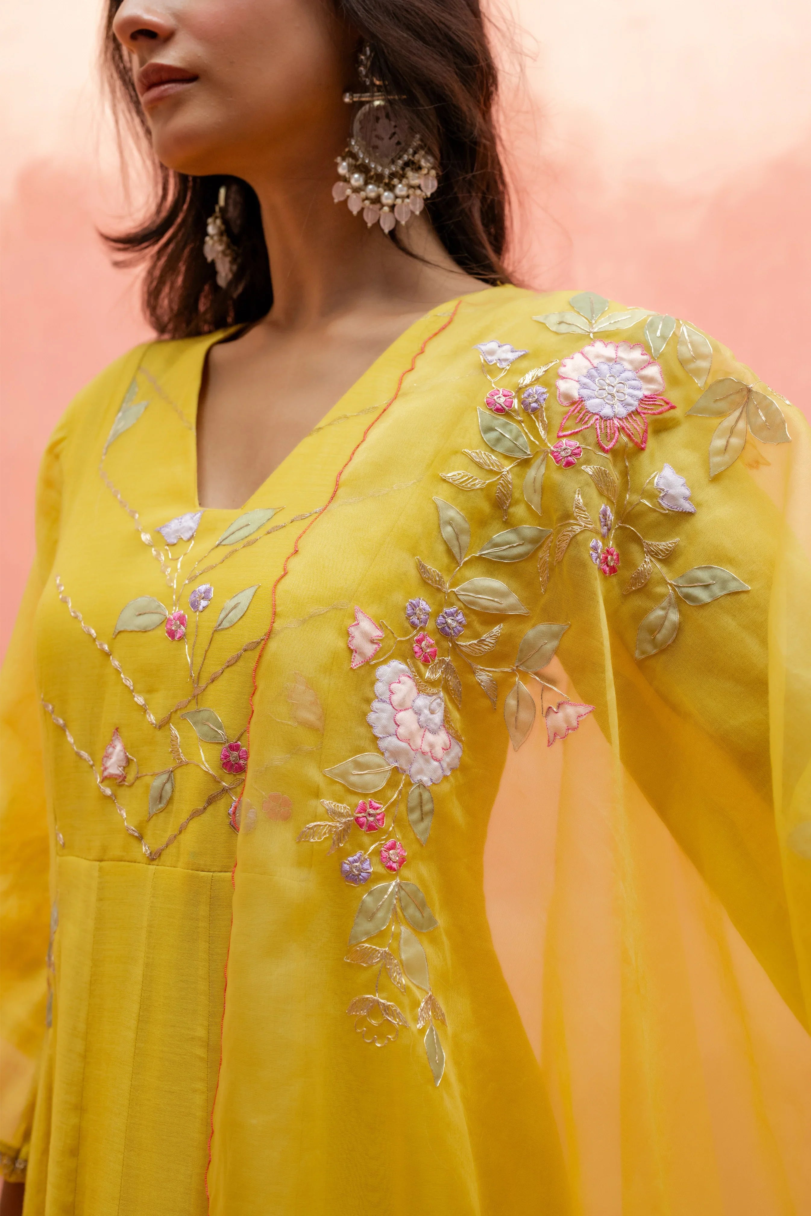 Yellow Mul Cotton Anarkali Set with Embroidered Organza Dupatta - Mokshaa