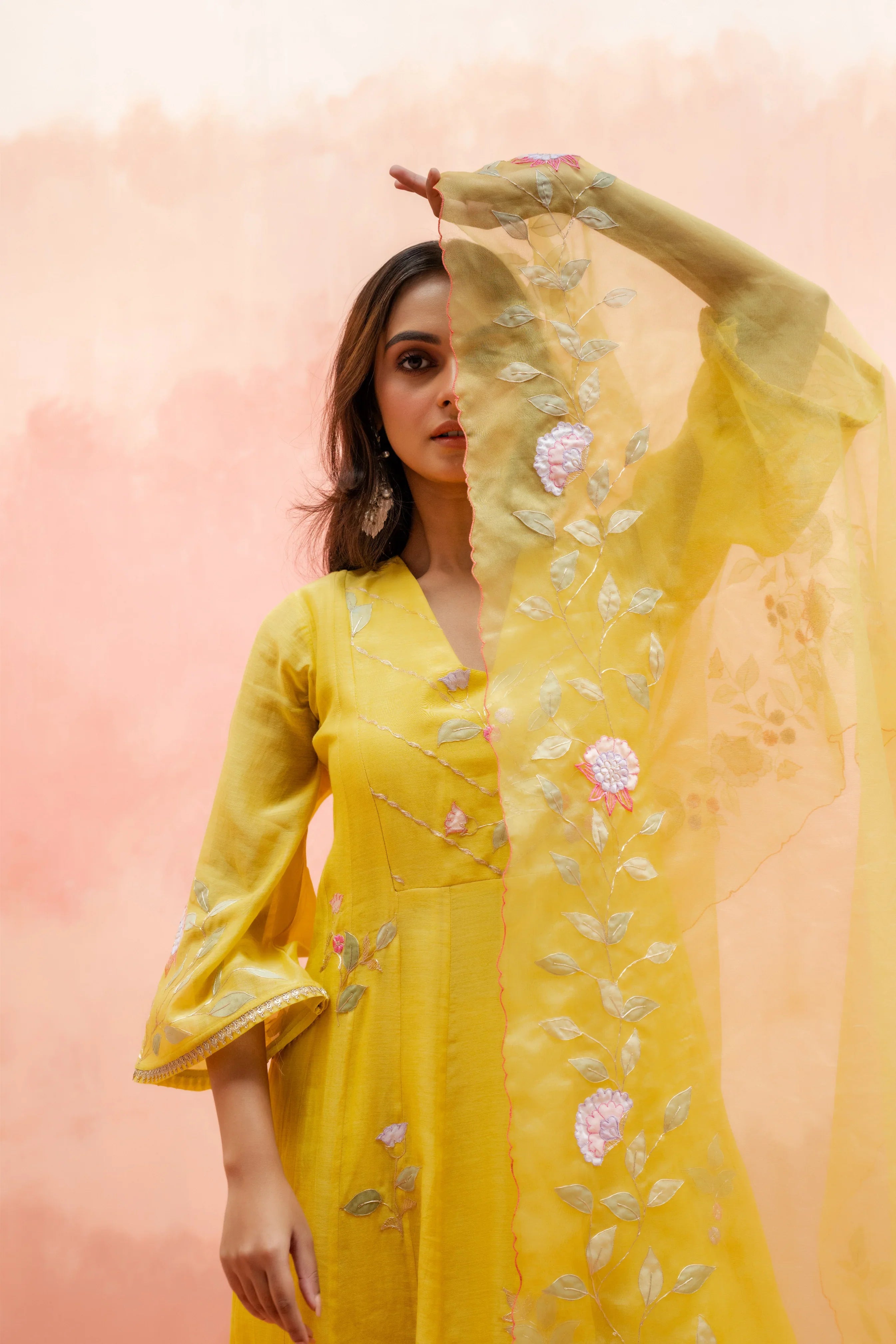 Yellow Mul Cotton Anarkali Set with Embroidered Organza Dupatta - Mokshaa