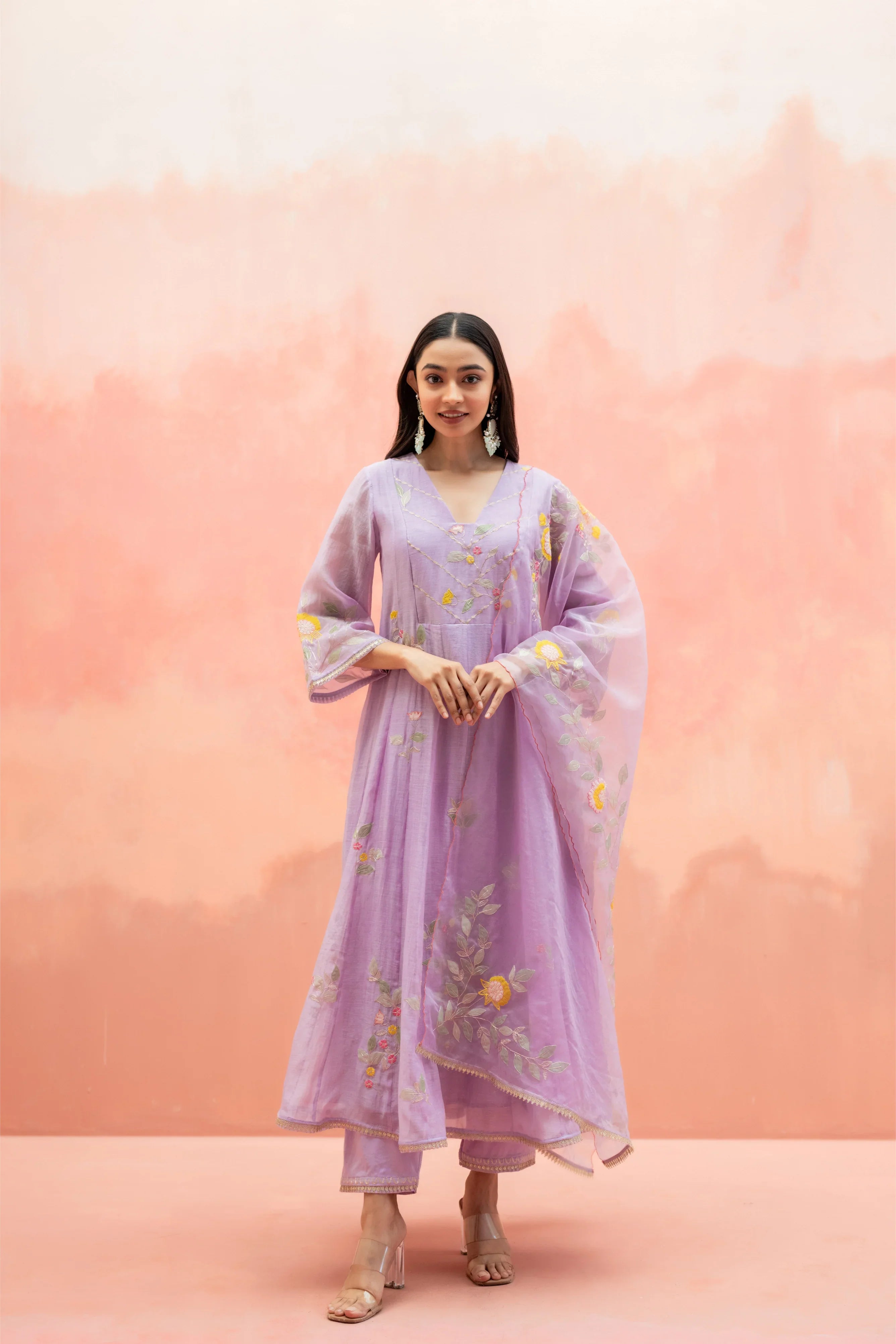 Lavender Mul Cotton Anarkali Set with Organza Dupatta - Mokshaa