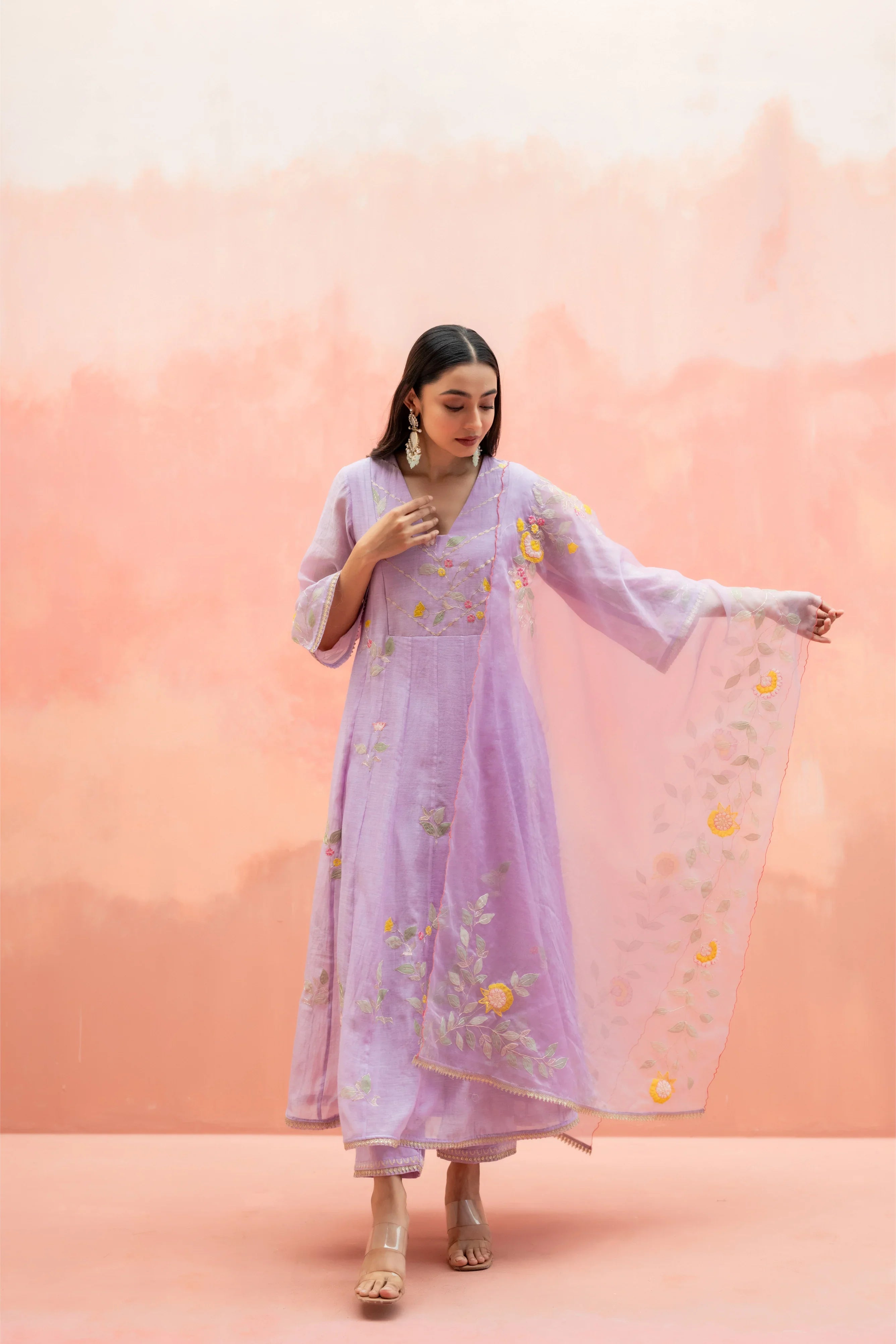 Lavender Mul Cotton Anarkali Set with Organza Dupatta - Mokshaa