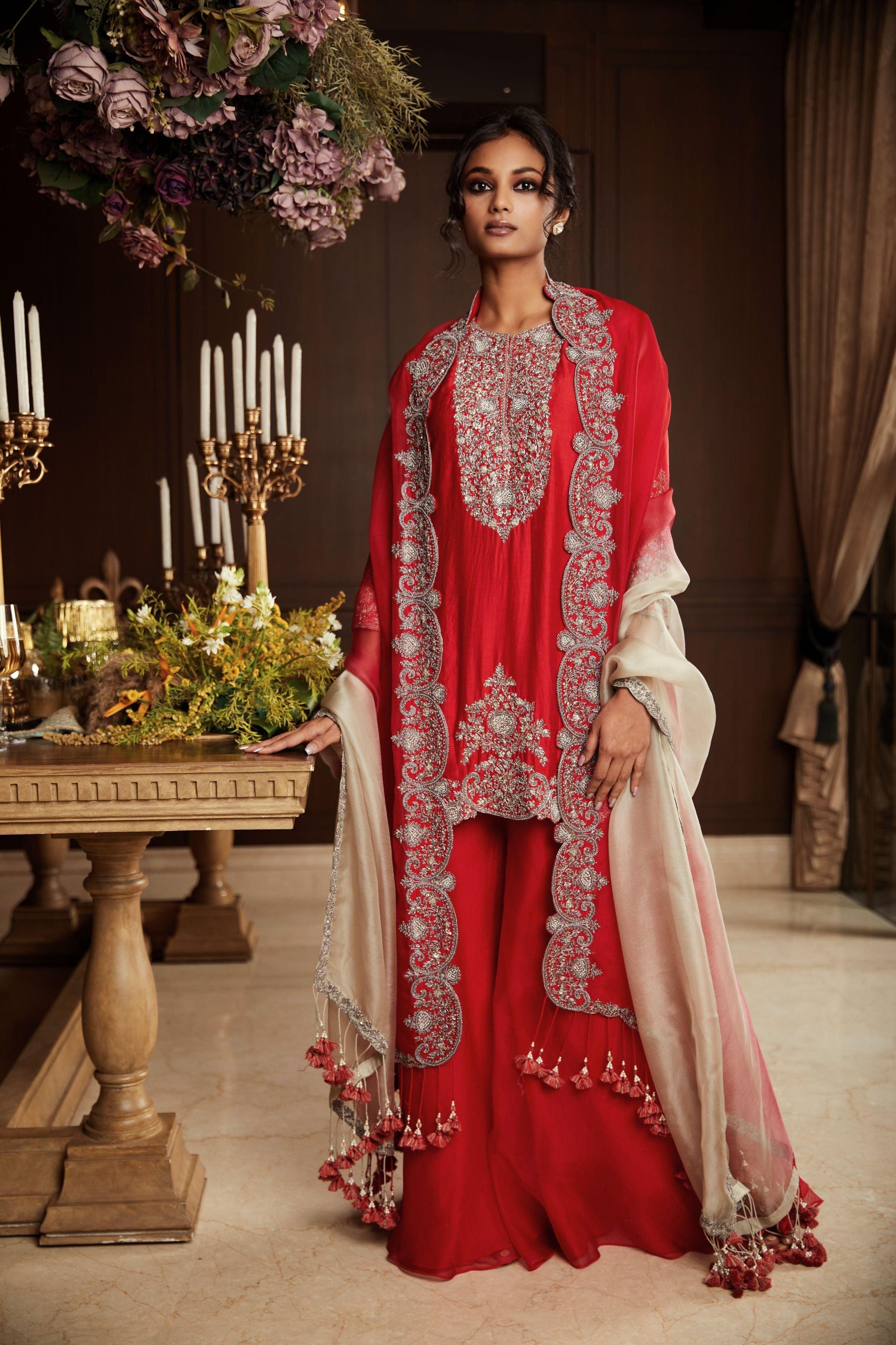 Red Silk Kurta With Organza Sharara And Dupatta - Mokshaa