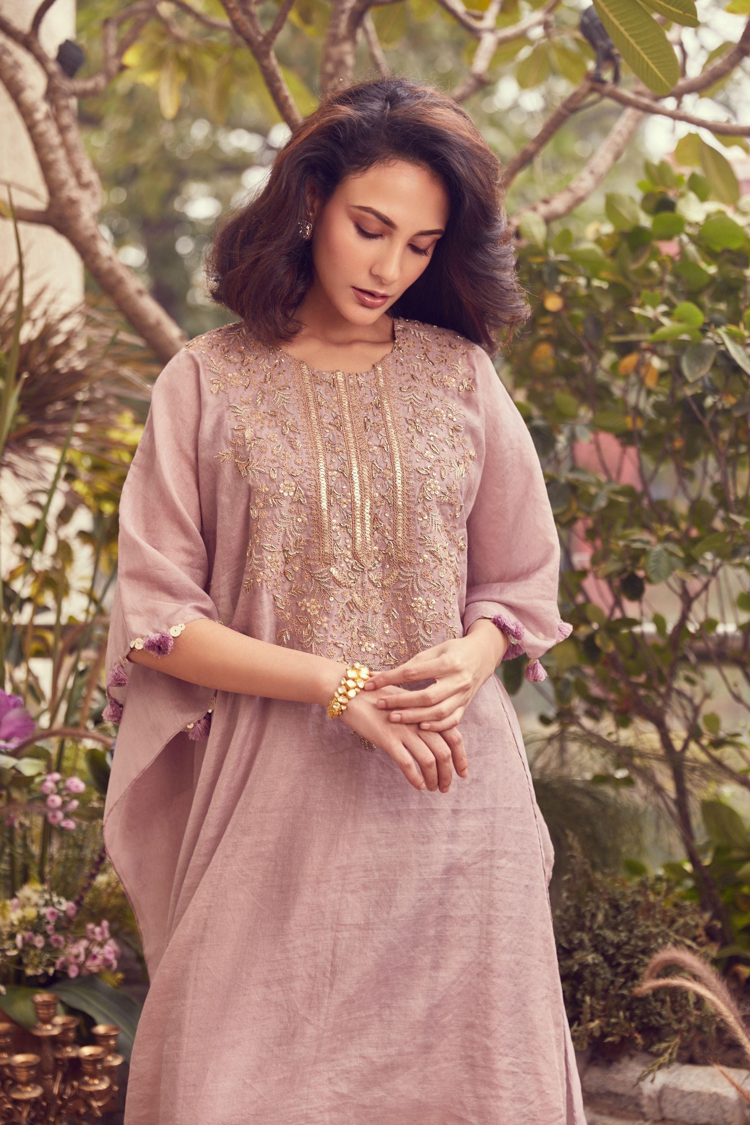 Lavender Tissue Chanderi Kaftaan With Cotton Satin Pants - Mokshaa