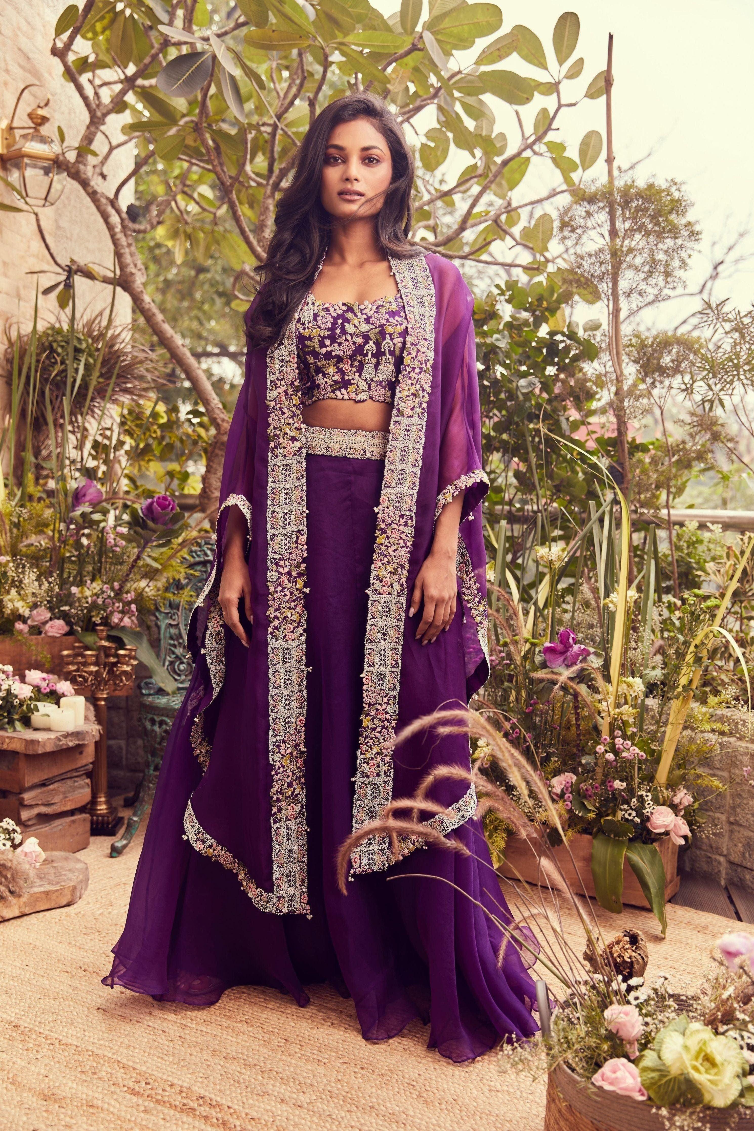Dark Aubergine Silk Blouse With Organza Cape And Skirt - Mokshaa