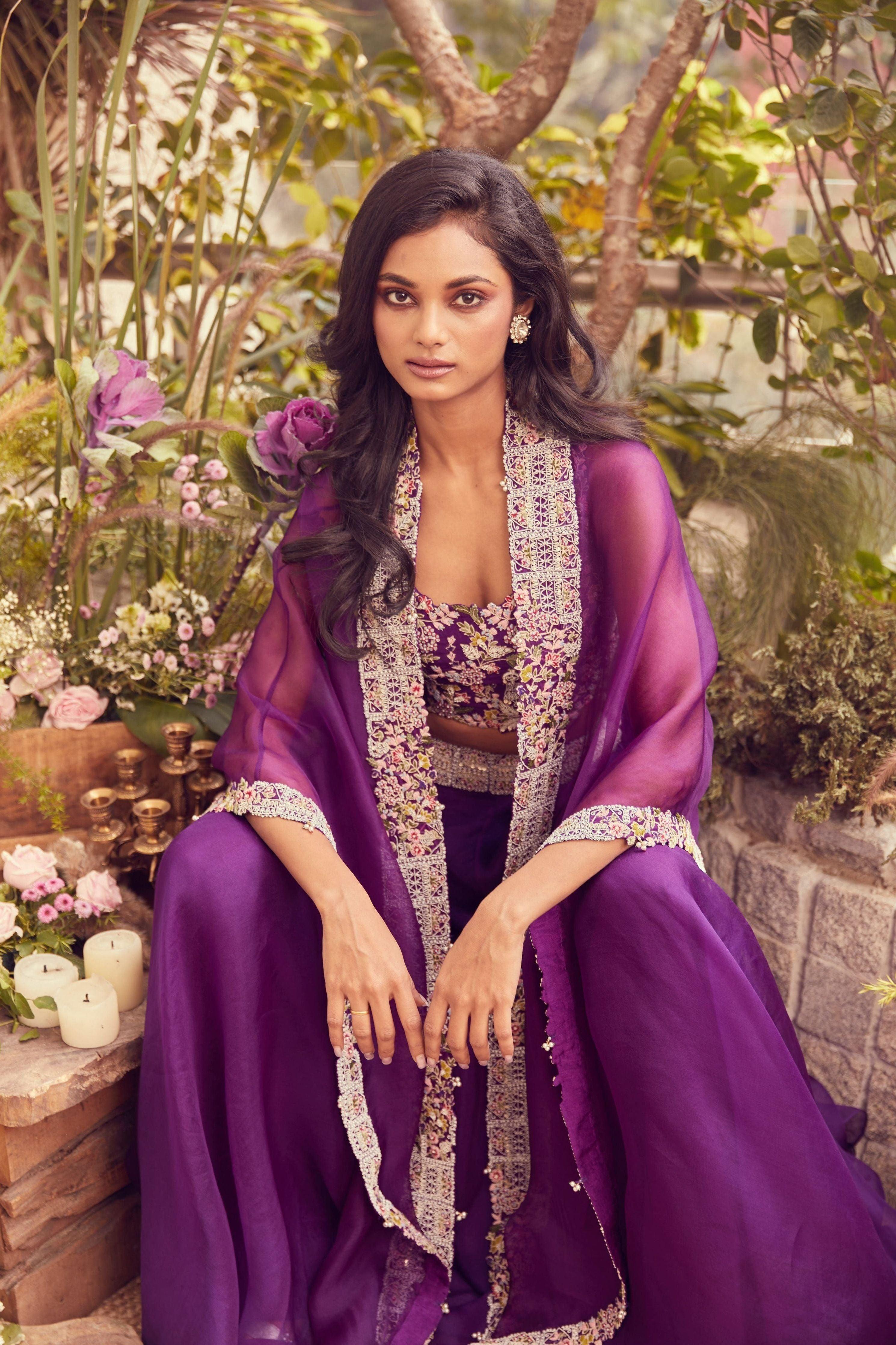 Dark Aubergine Silk Blouse With Organza Cape And Skirt - Mokshaa