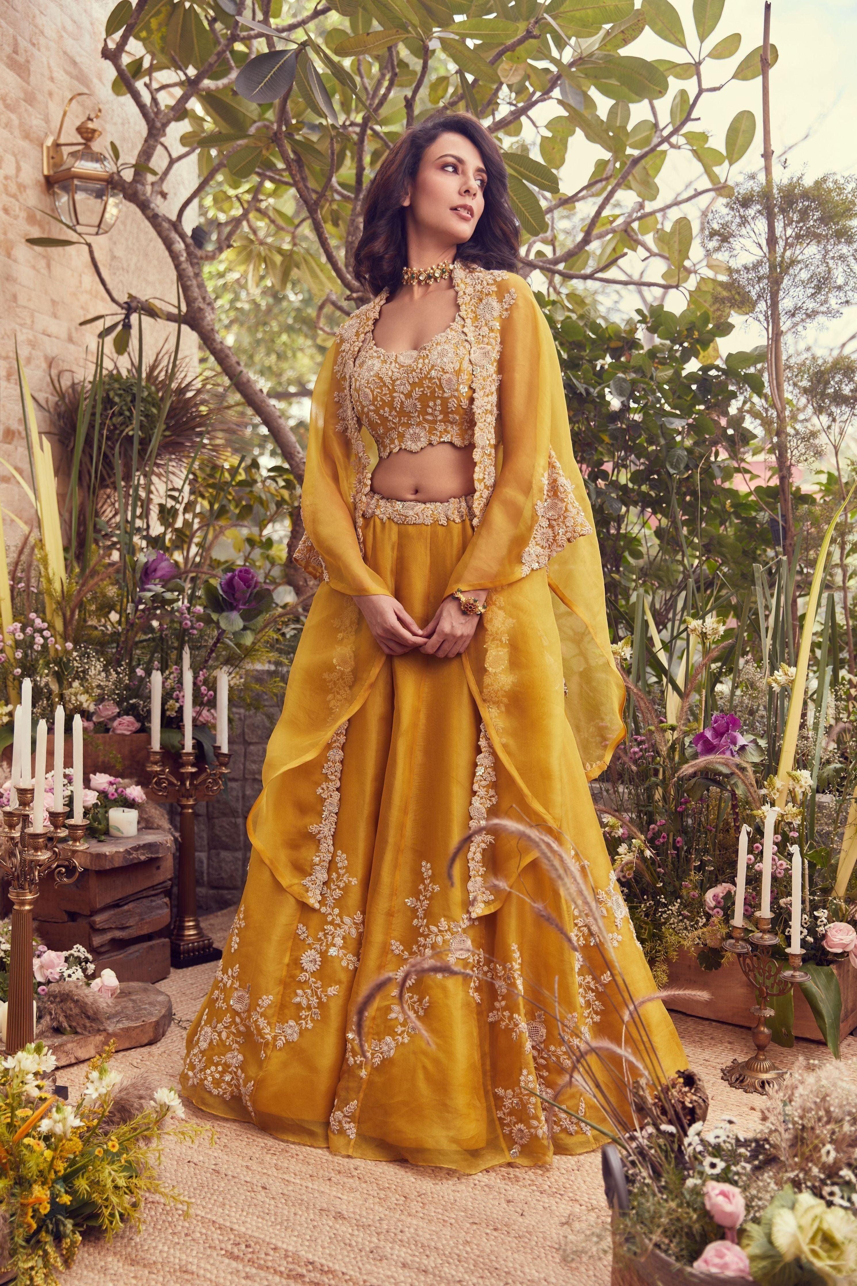 Ochere Silk Blouse With Organza Cape And Skirt - Mokshaa