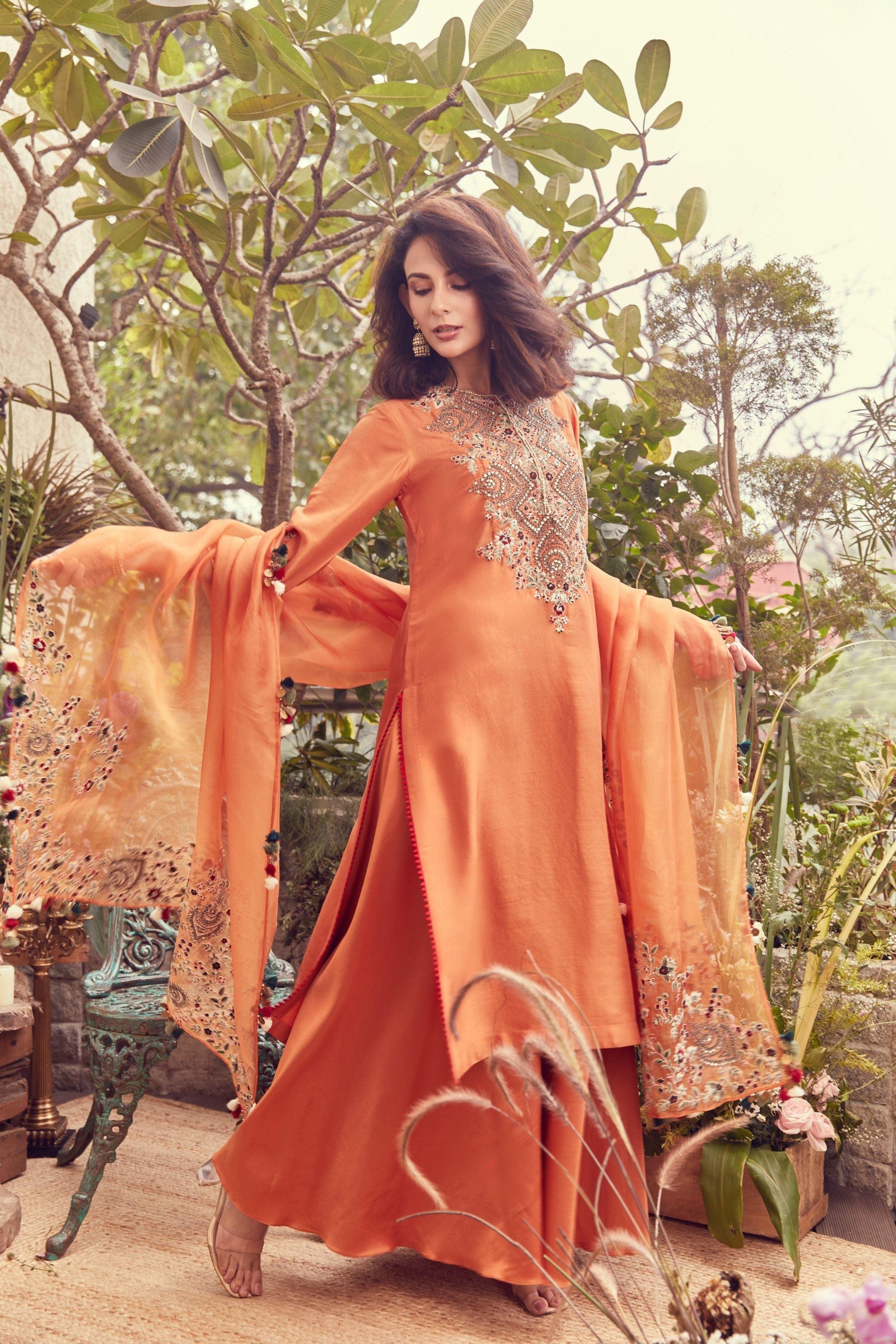 Rust Silk Kurta With Cotton Satin Sharara And Organza Dupatta - Mokshaa