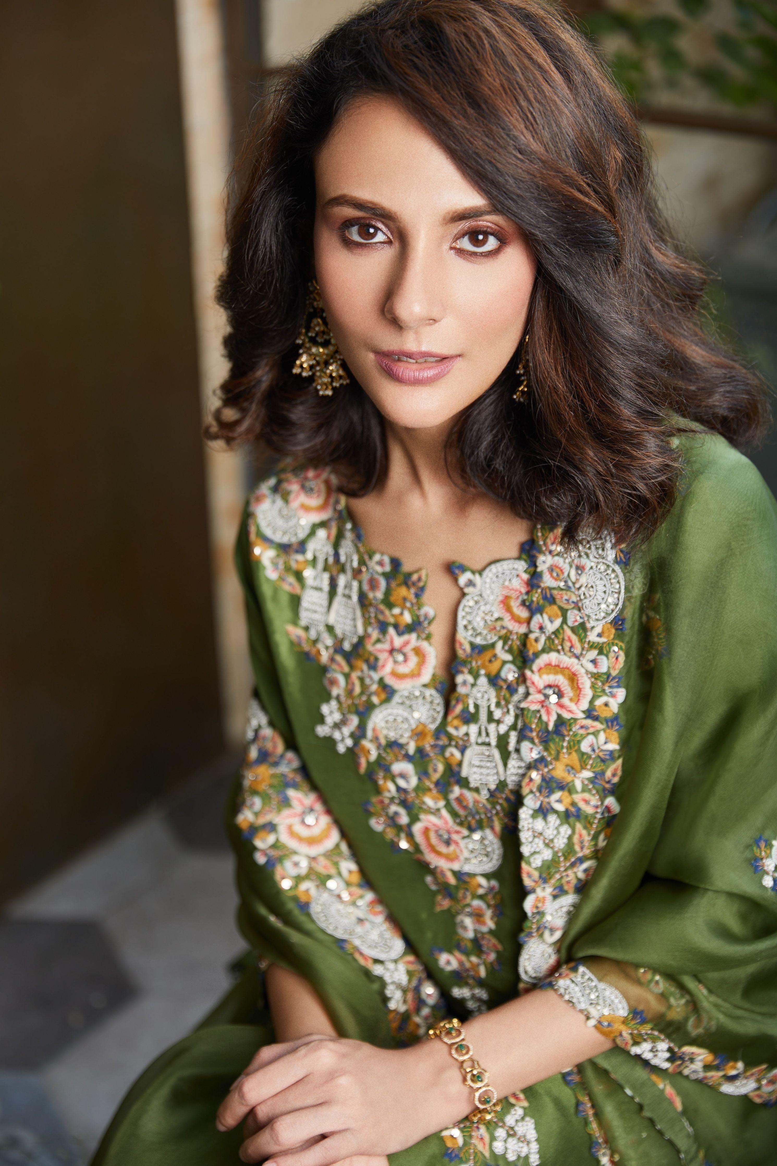 Green Silk Kurta With Cotton Satin Sharara And Organza Dupatta - Mokshaa