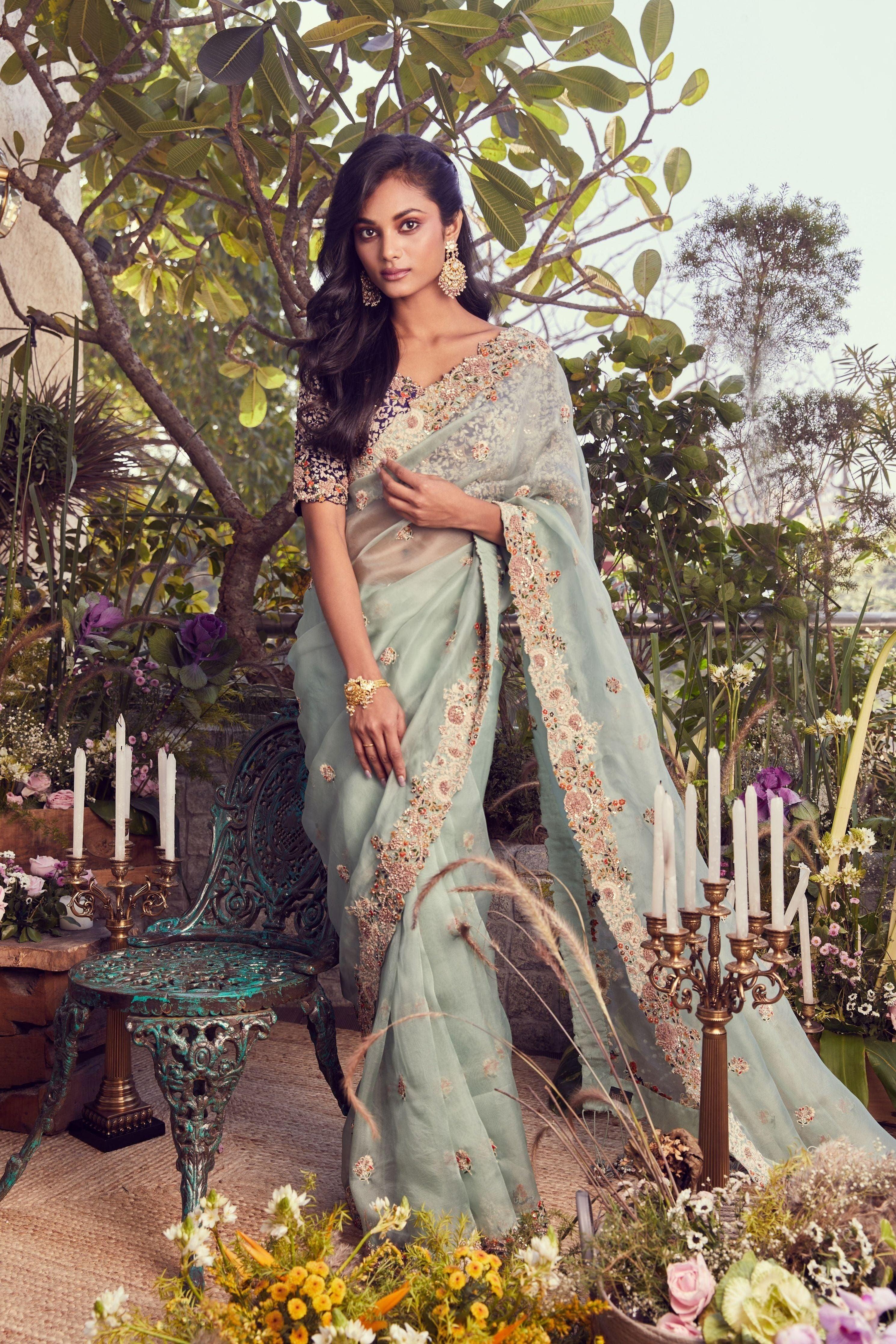 Aqua Organza Saree With Silk Blouse - Mokshaa