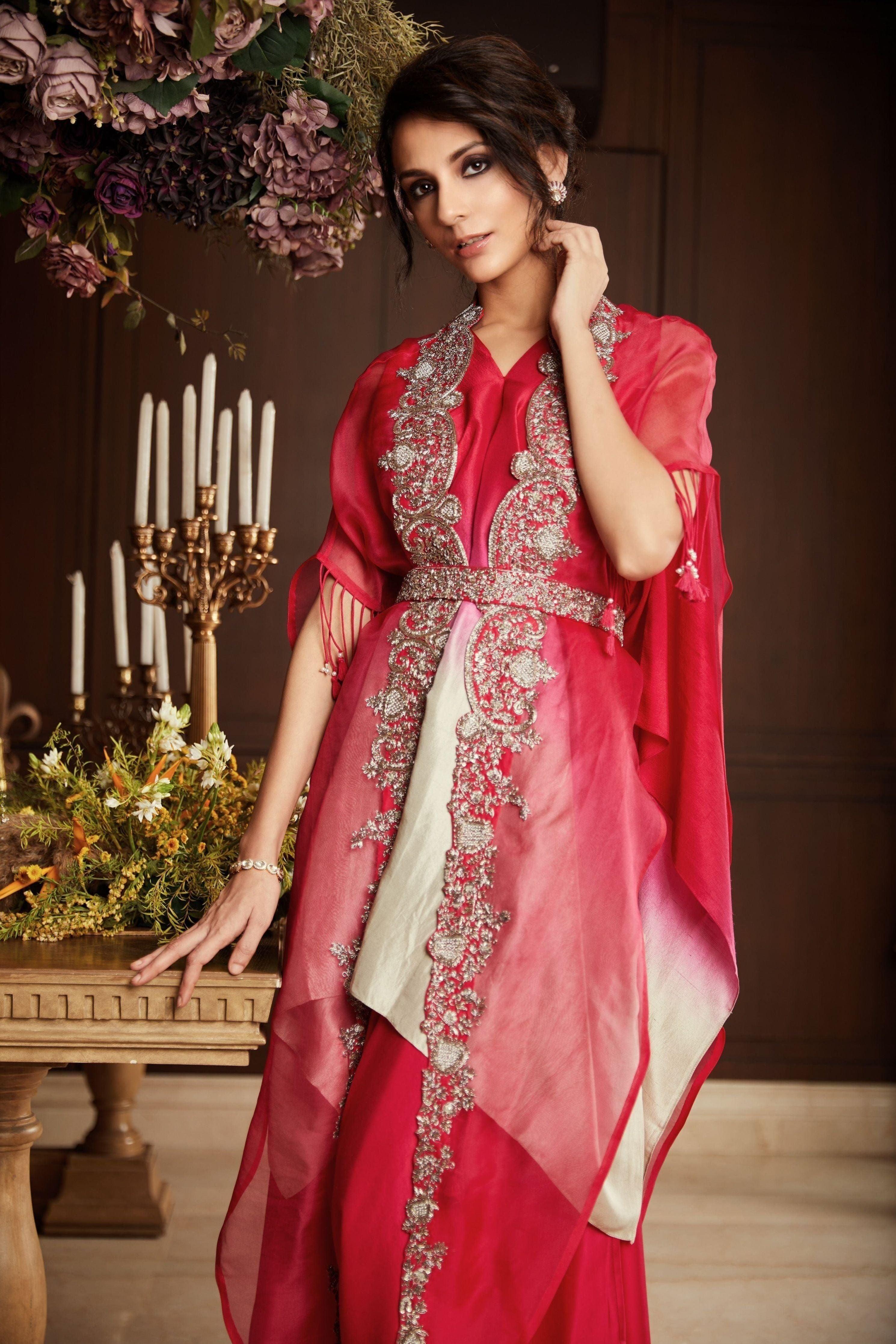 Ombre Handkerchief With Organza Cape And Cotton Satin Sharara - Mokshaa