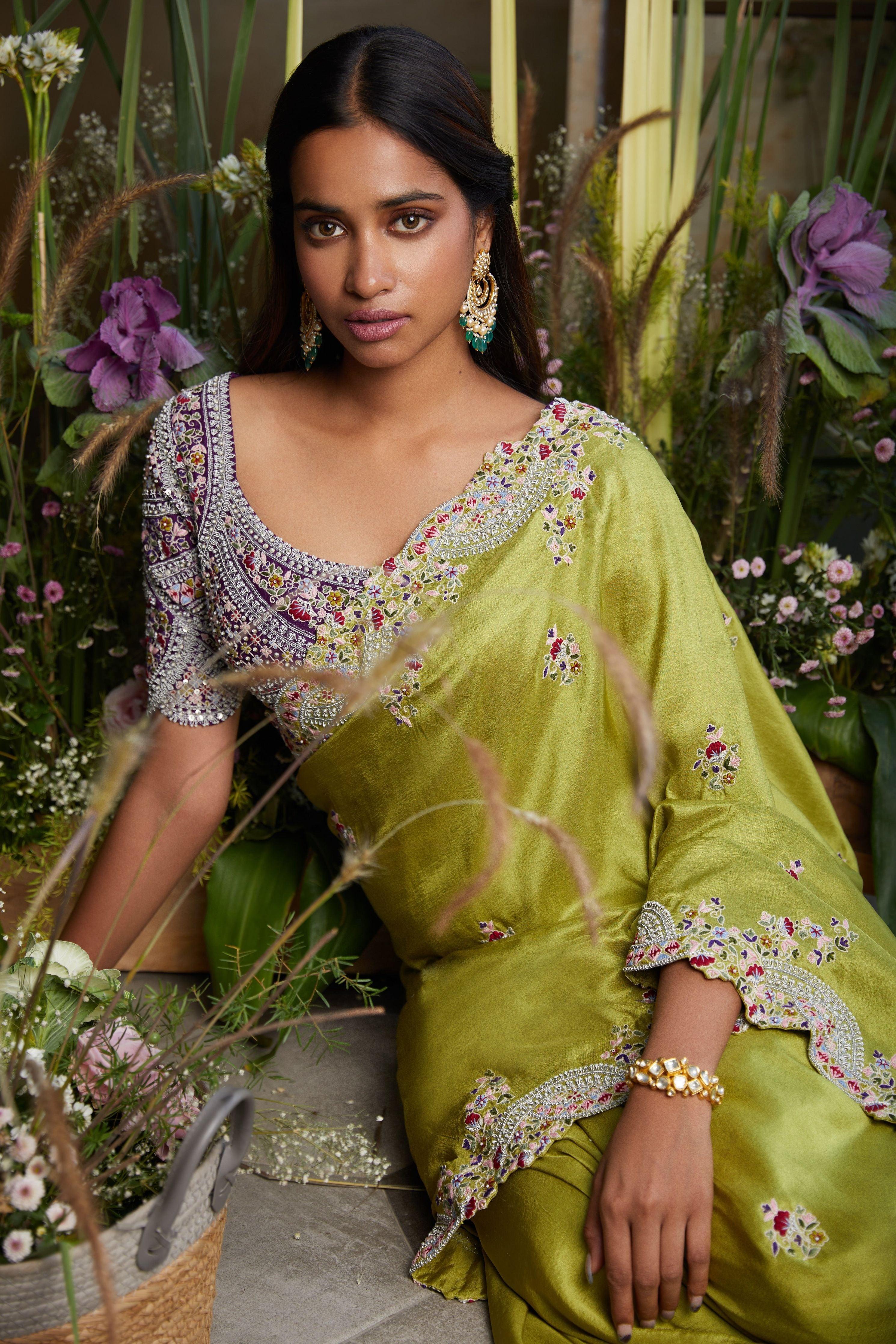 Lime Green Silk Saree With Purple Blouse - Mokshaa