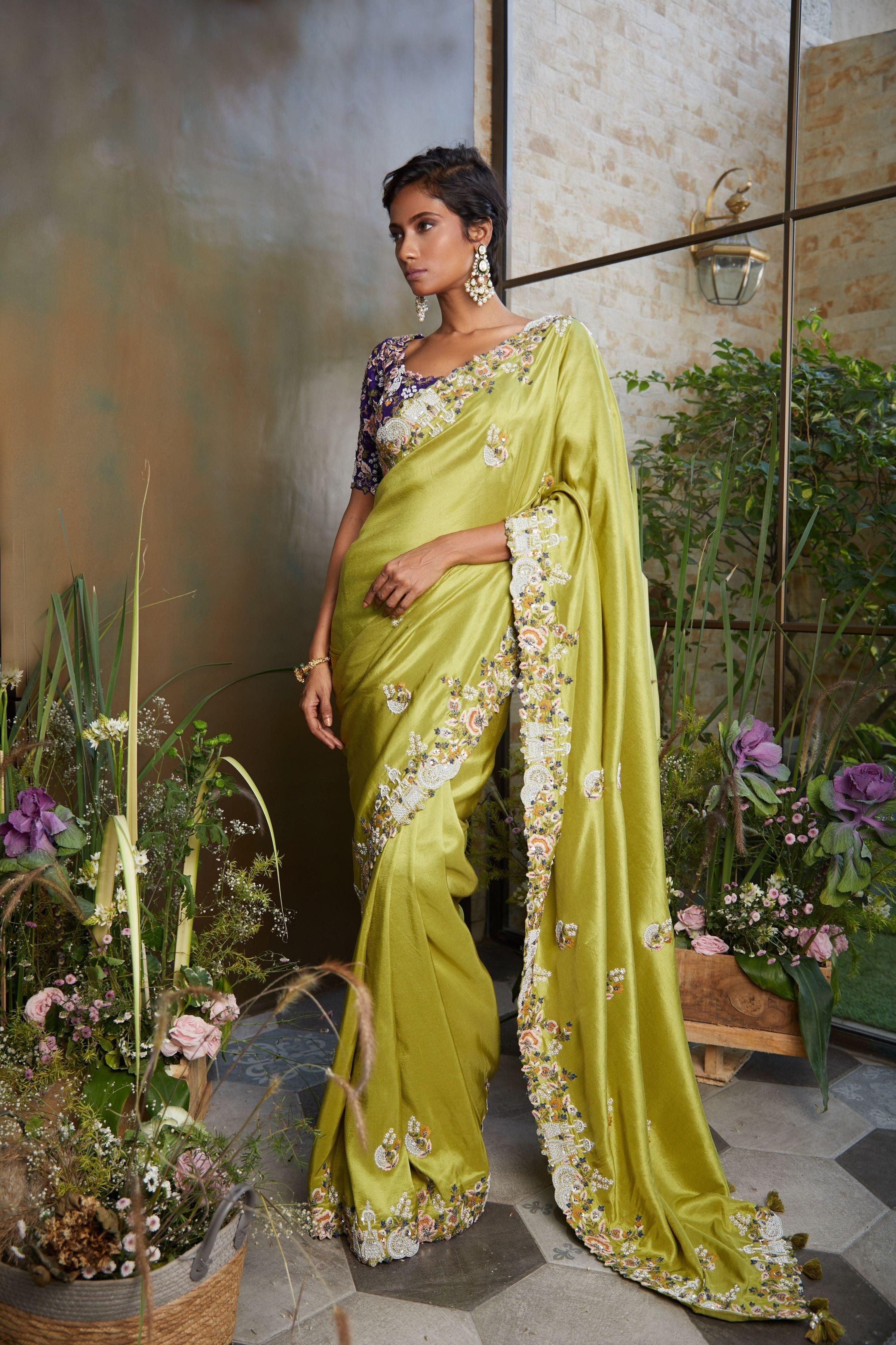 Lime Green Silk Saree With Purple Blouse - Mokshaa