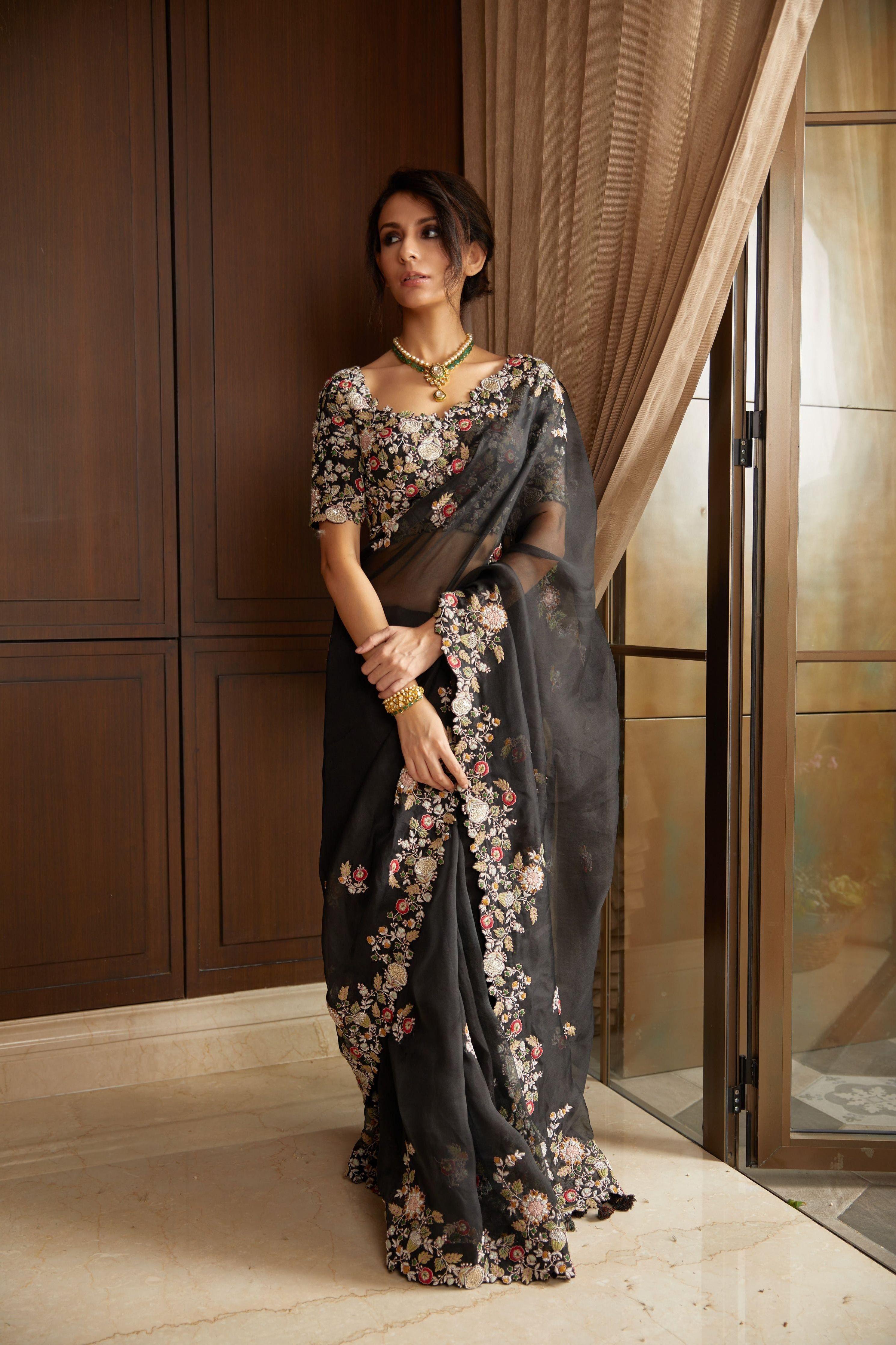 Black Organza Saree And Silk Blouse - Mokshaa