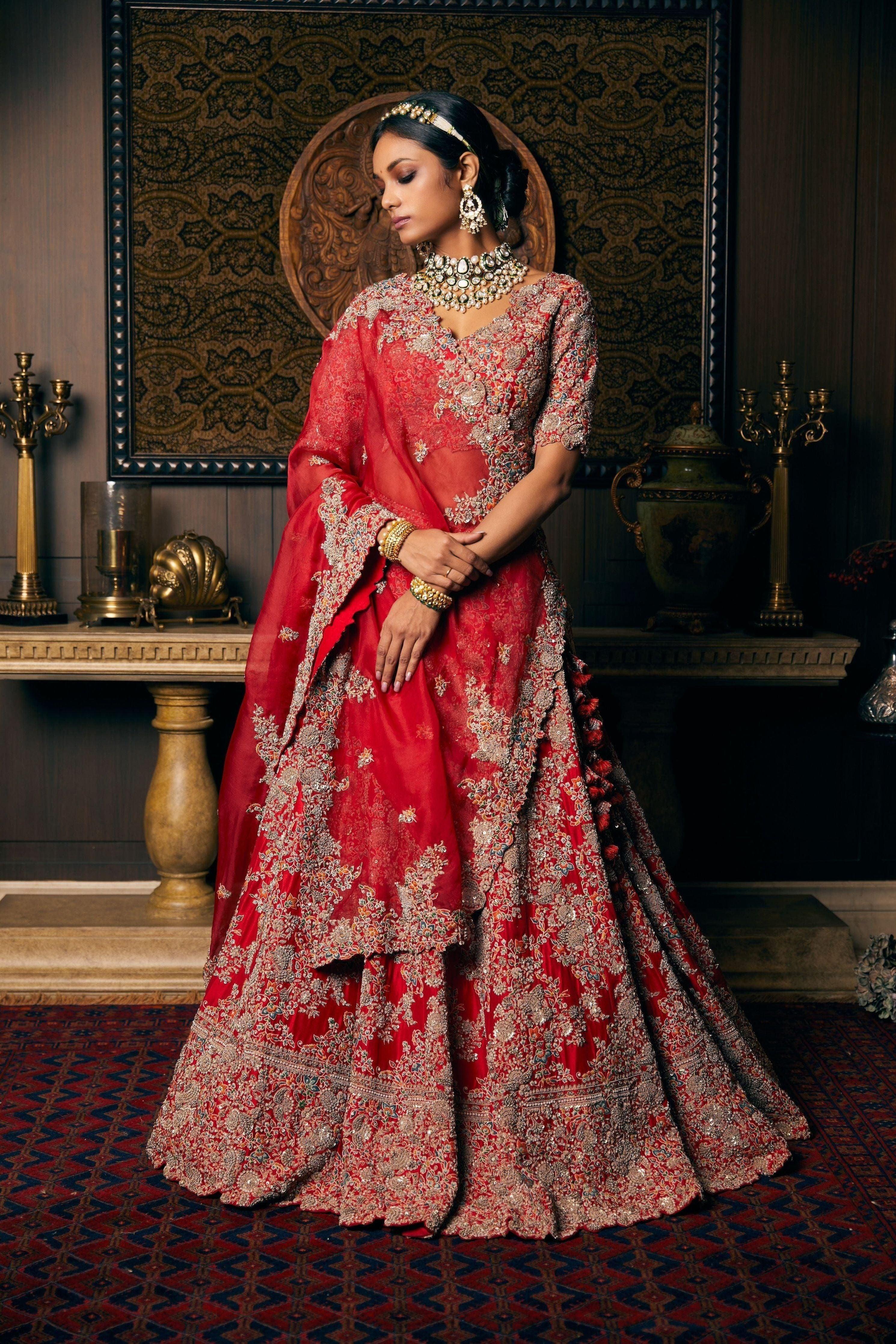 Blood Red Silk Lehenga And Blouse With Organza Dupatta And Veil - Mokshaa