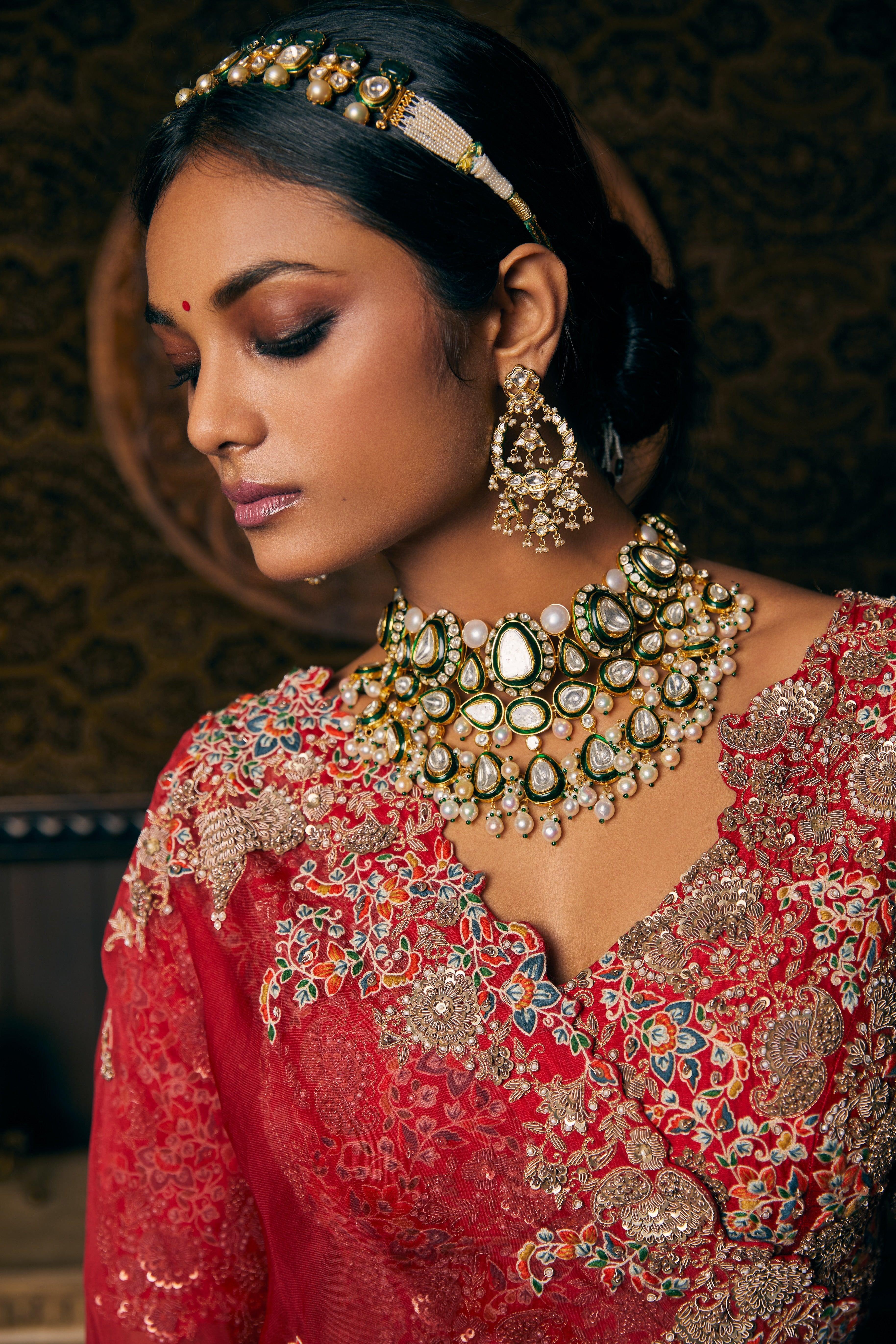 Blood Red Silk Lehenga And Blouse With Organza Dupatta And Veil - Mokshaa