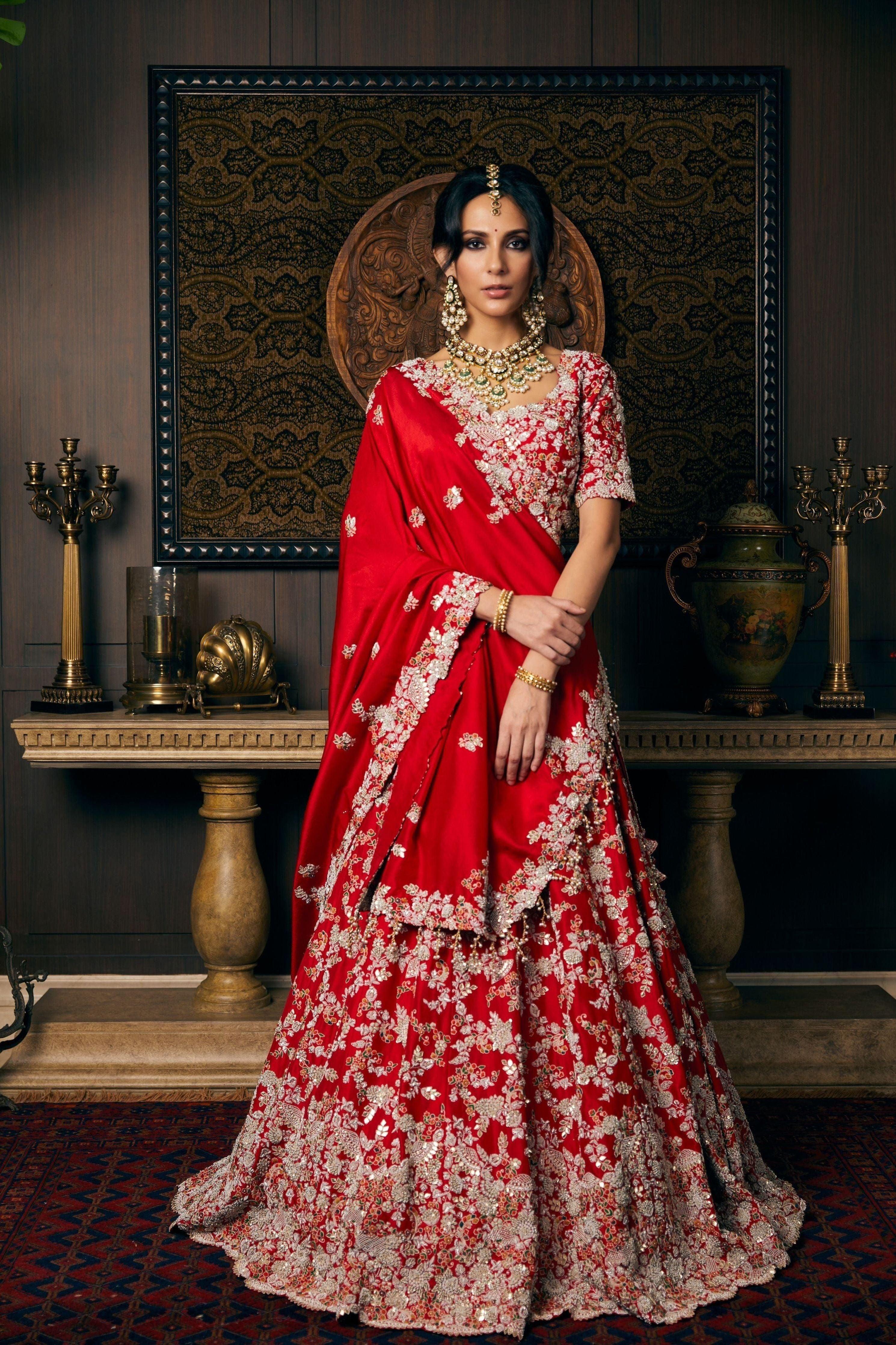 Blood Red Silk Lehenga And Blouse With Organza Dupatta And Veil - Mokshaa