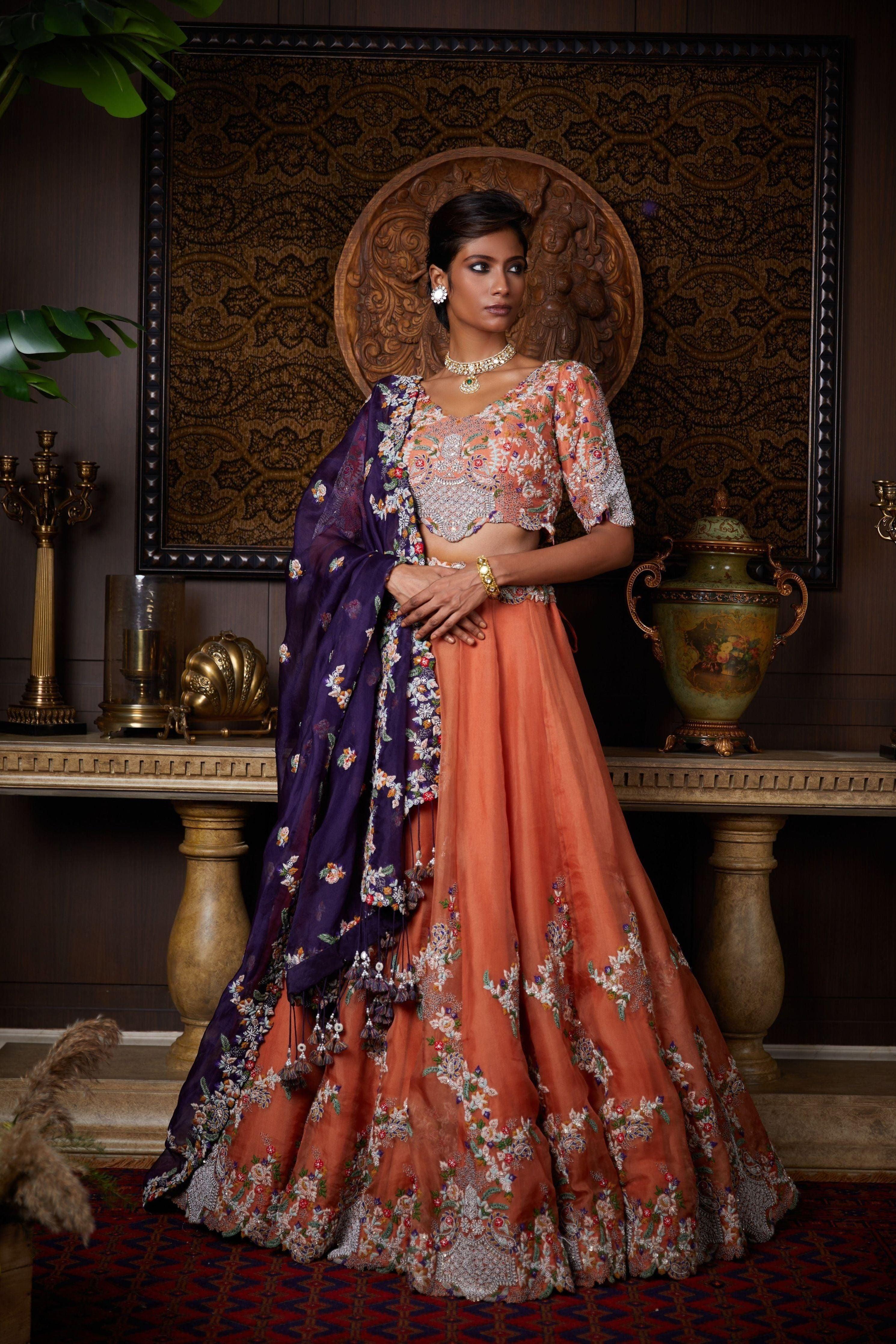 Rust Organza Lehenga And Aubergine Organza Dupatta With Silk Blouse - Mokshaa
