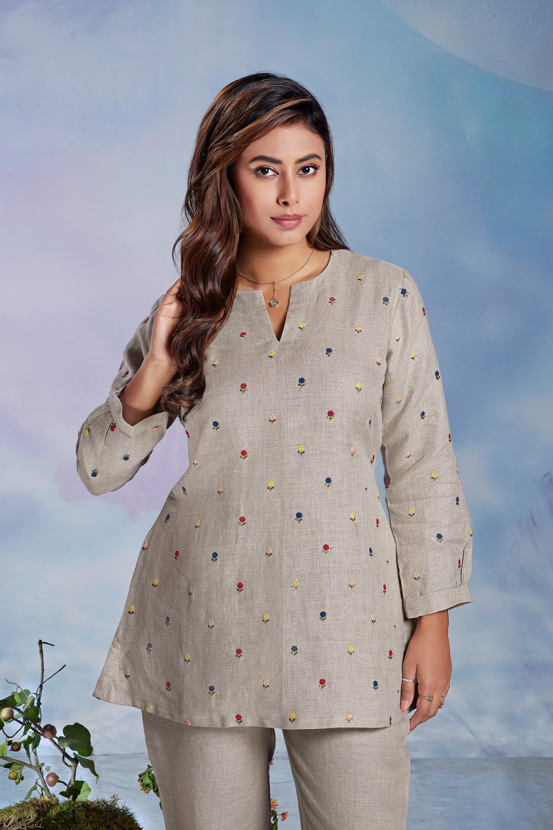 Natural Beige Embroidered Co-Ord Set