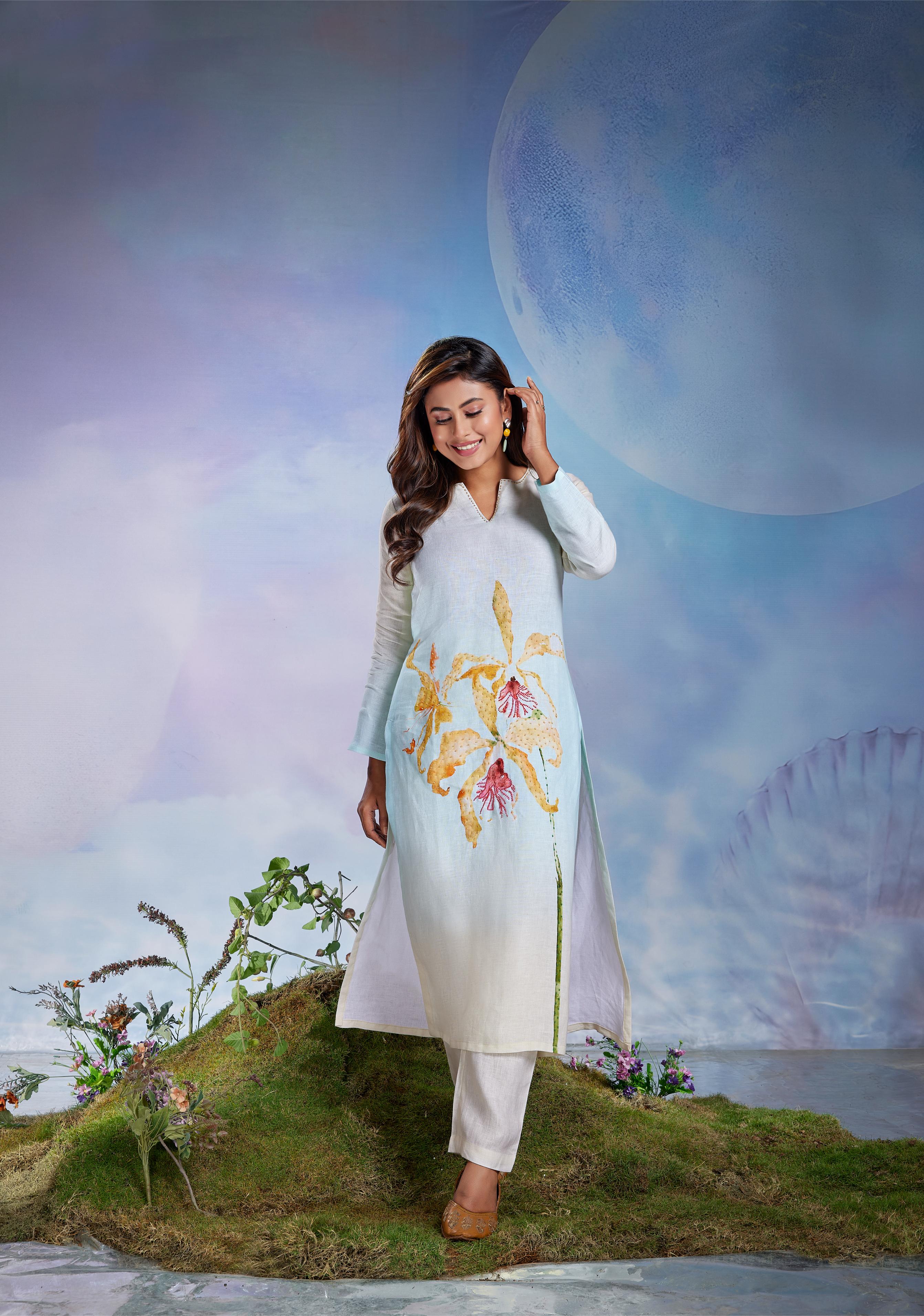 Mint Floral Linen Kurta Set