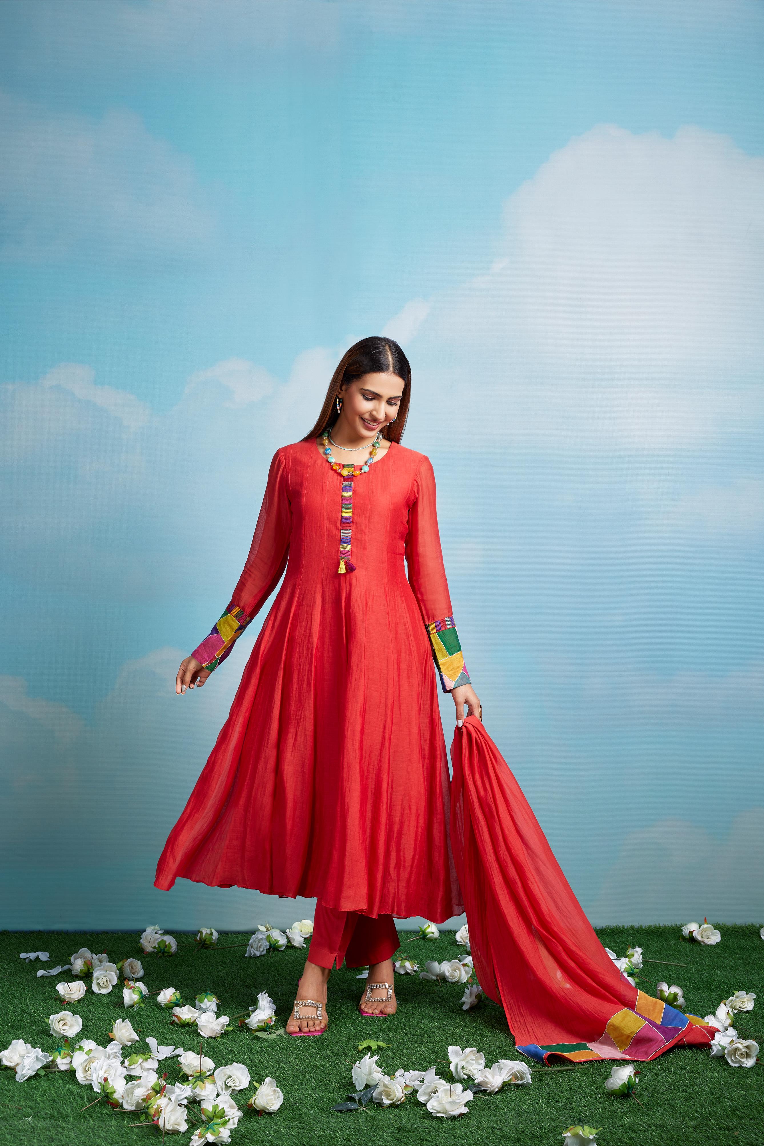 Red Mul Anarkali Set