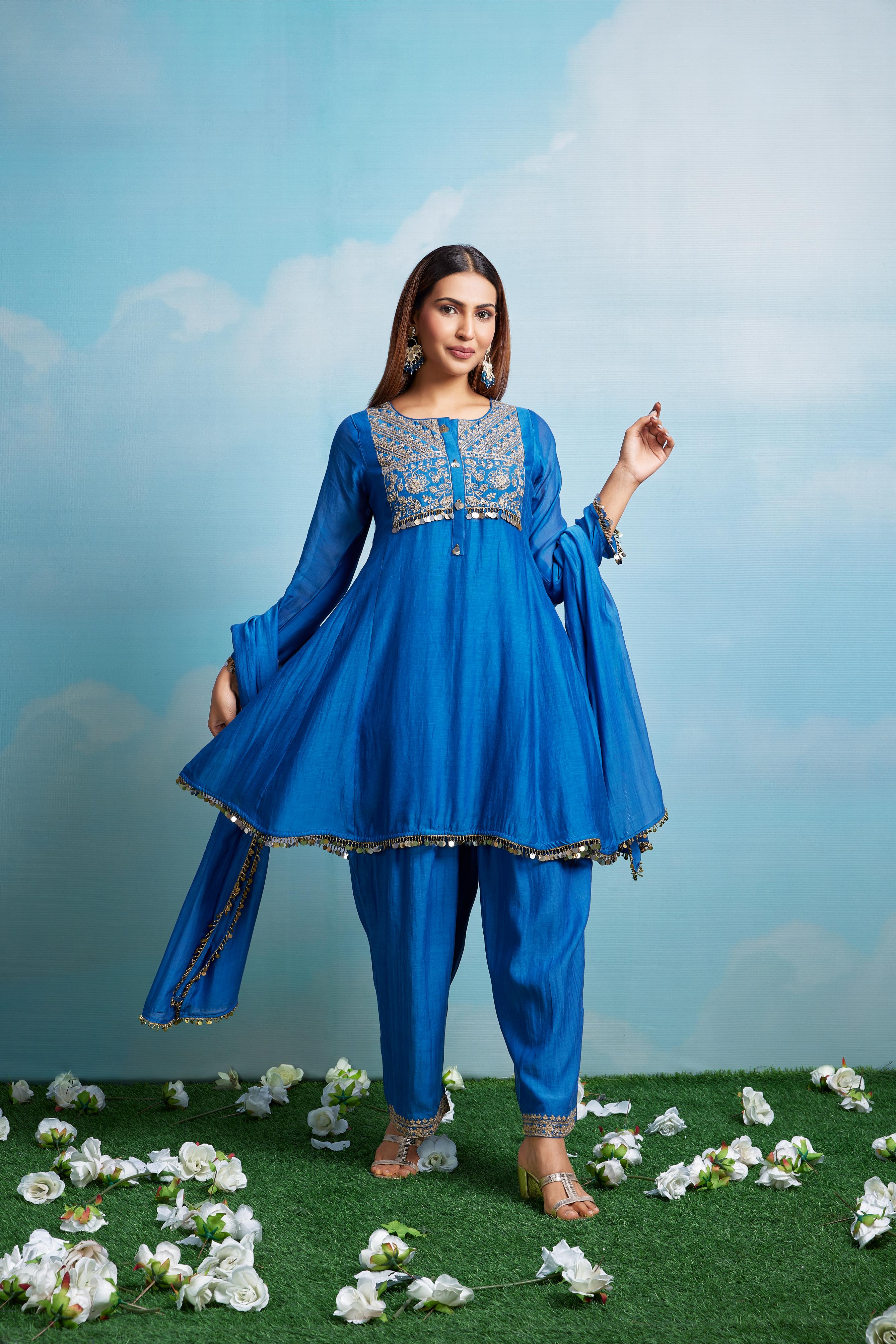 Royal Blue Mul Anarkali Set