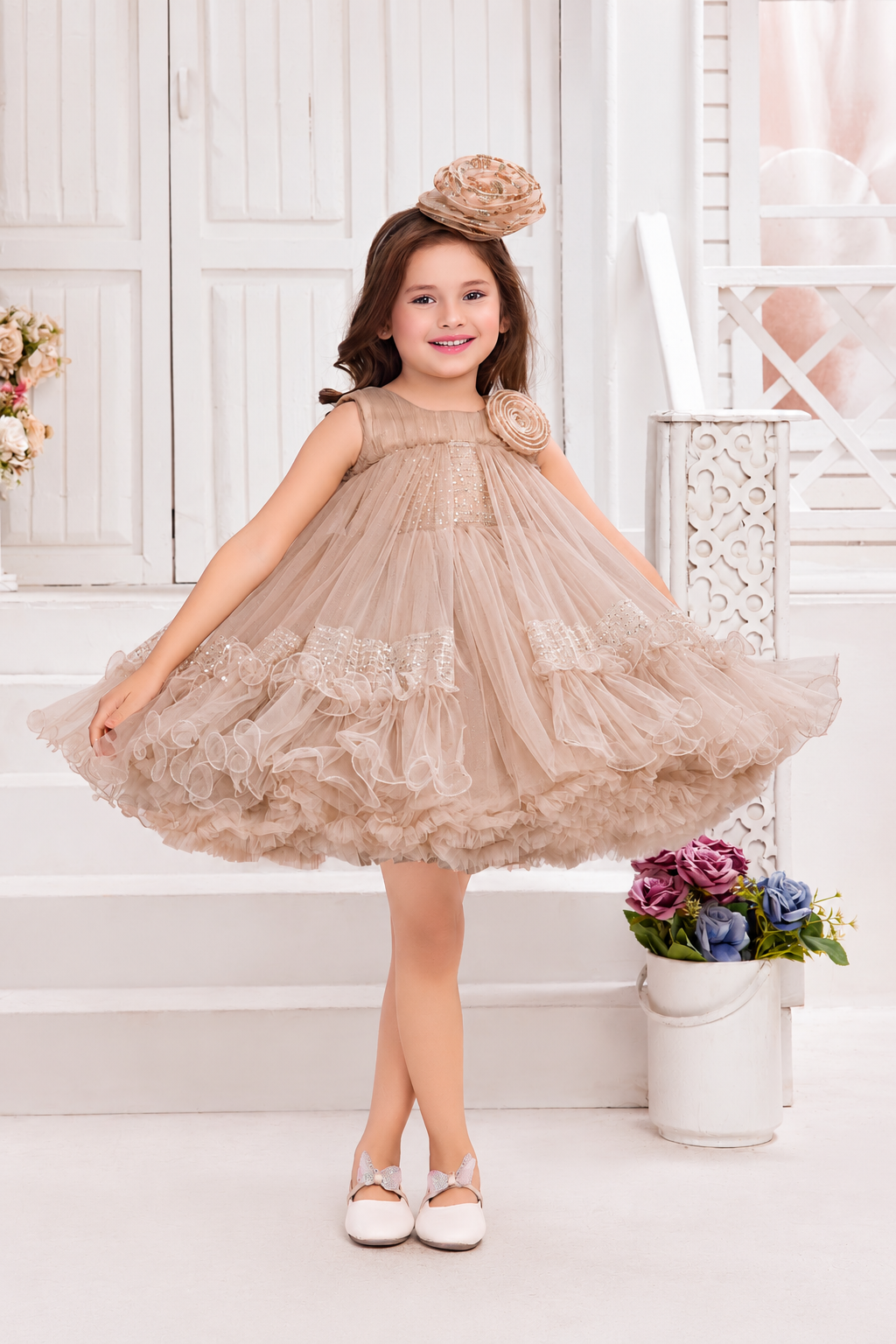 Champagne Net Floral Embellished Party Frock for Girls - Mokshaa