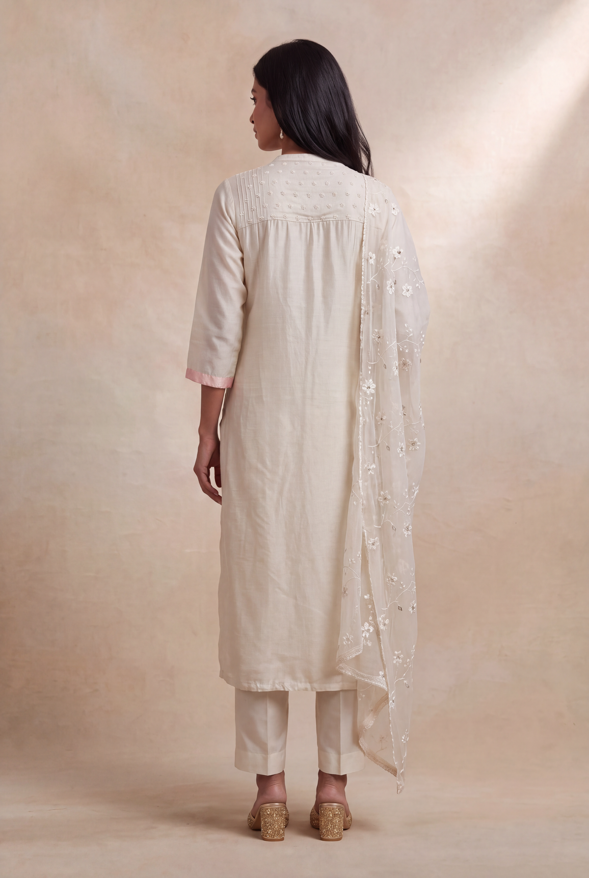 Ivory Silk Straight-Cut Salwar Set - Mokshaa