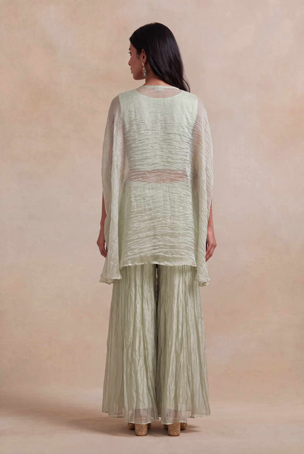 Sage Green Crush Tissue Zardozi Cape Set - Mokshaa