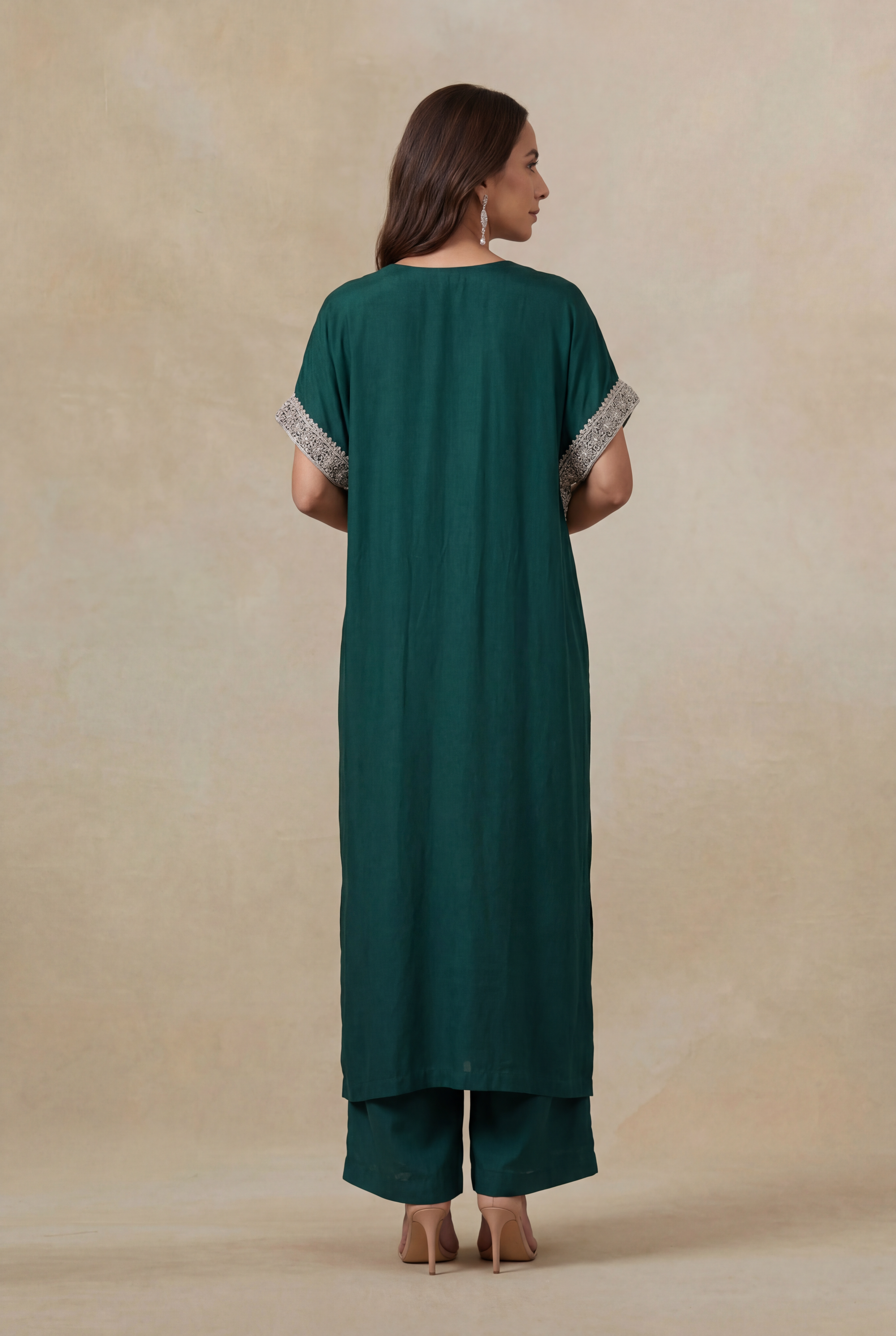 Emerald Green Satin Silk Kaftan Set