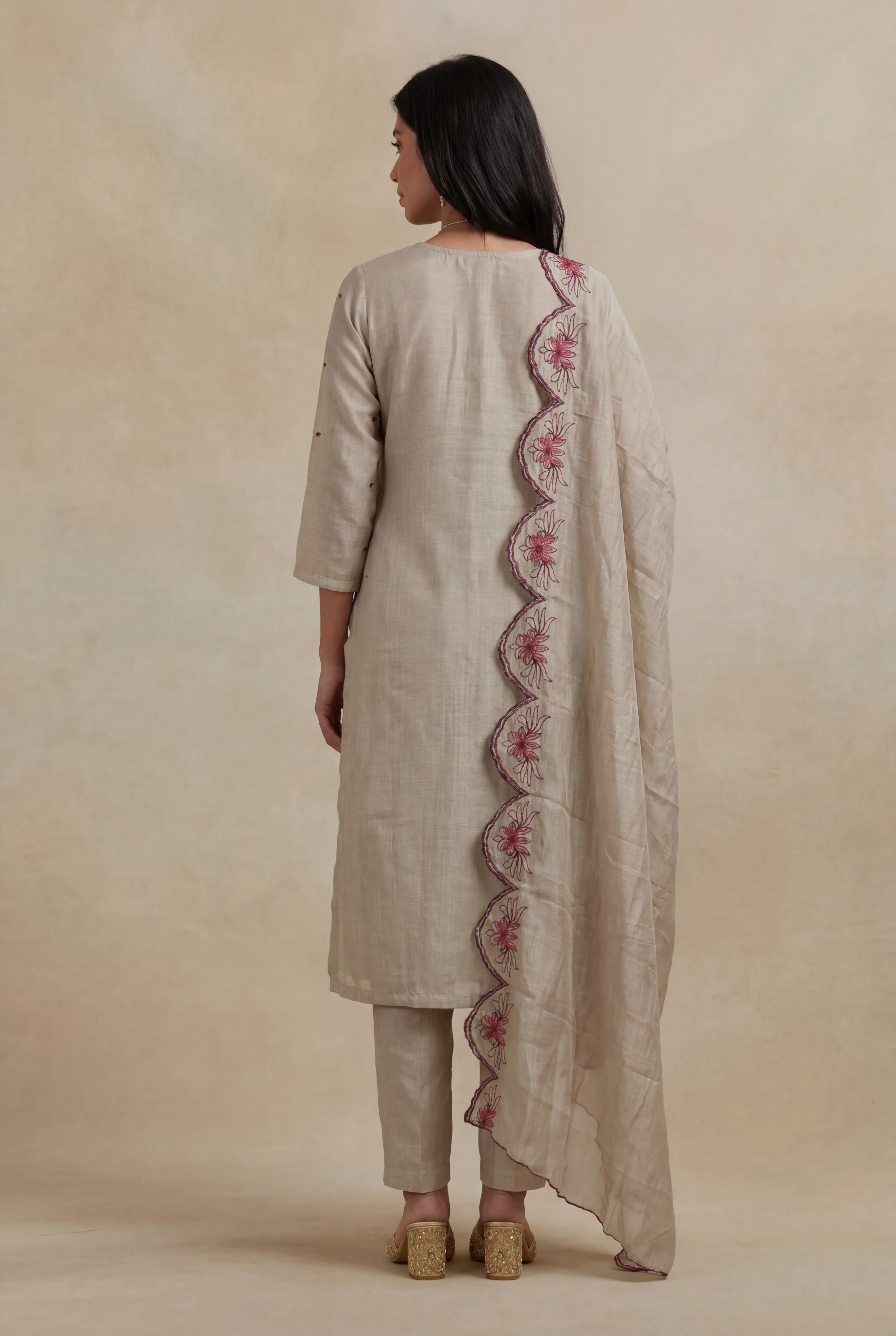 Beige Mulmul Cotton Straight Cut Salwar Set