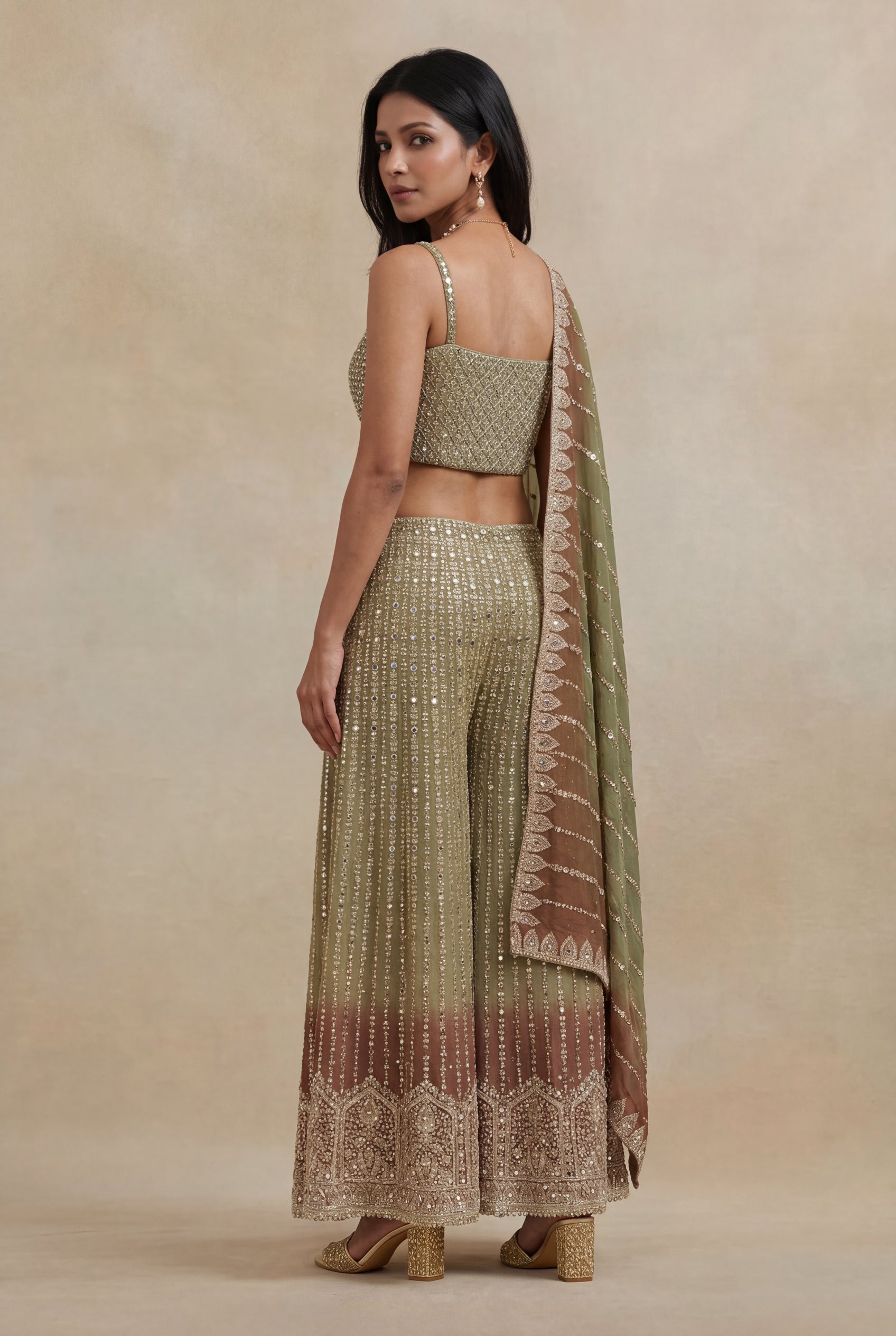 Gold Georgette Indo-Western   Set with Stone & Mirror Work