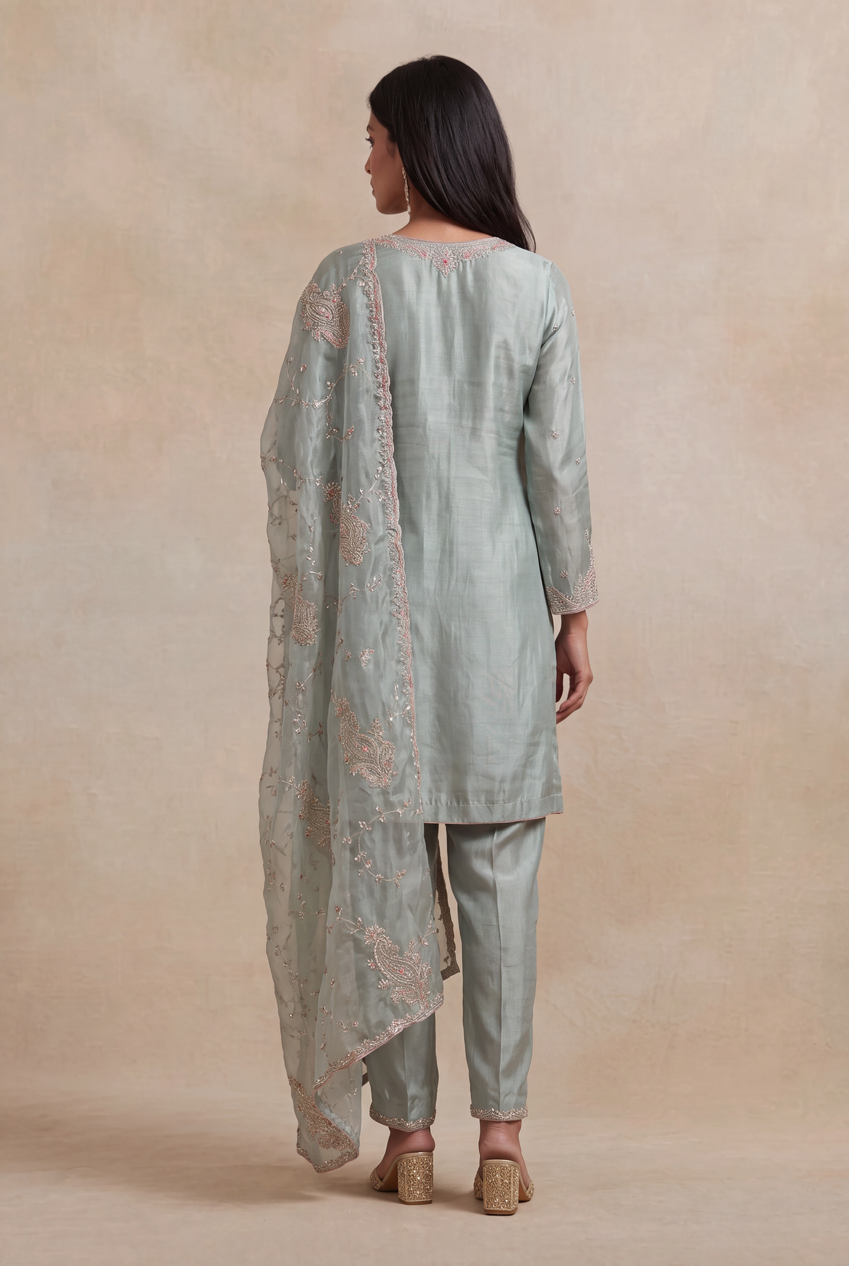 Sage Green Tissue Zardozi Straight Cut Salwar Suit - Mokshaa