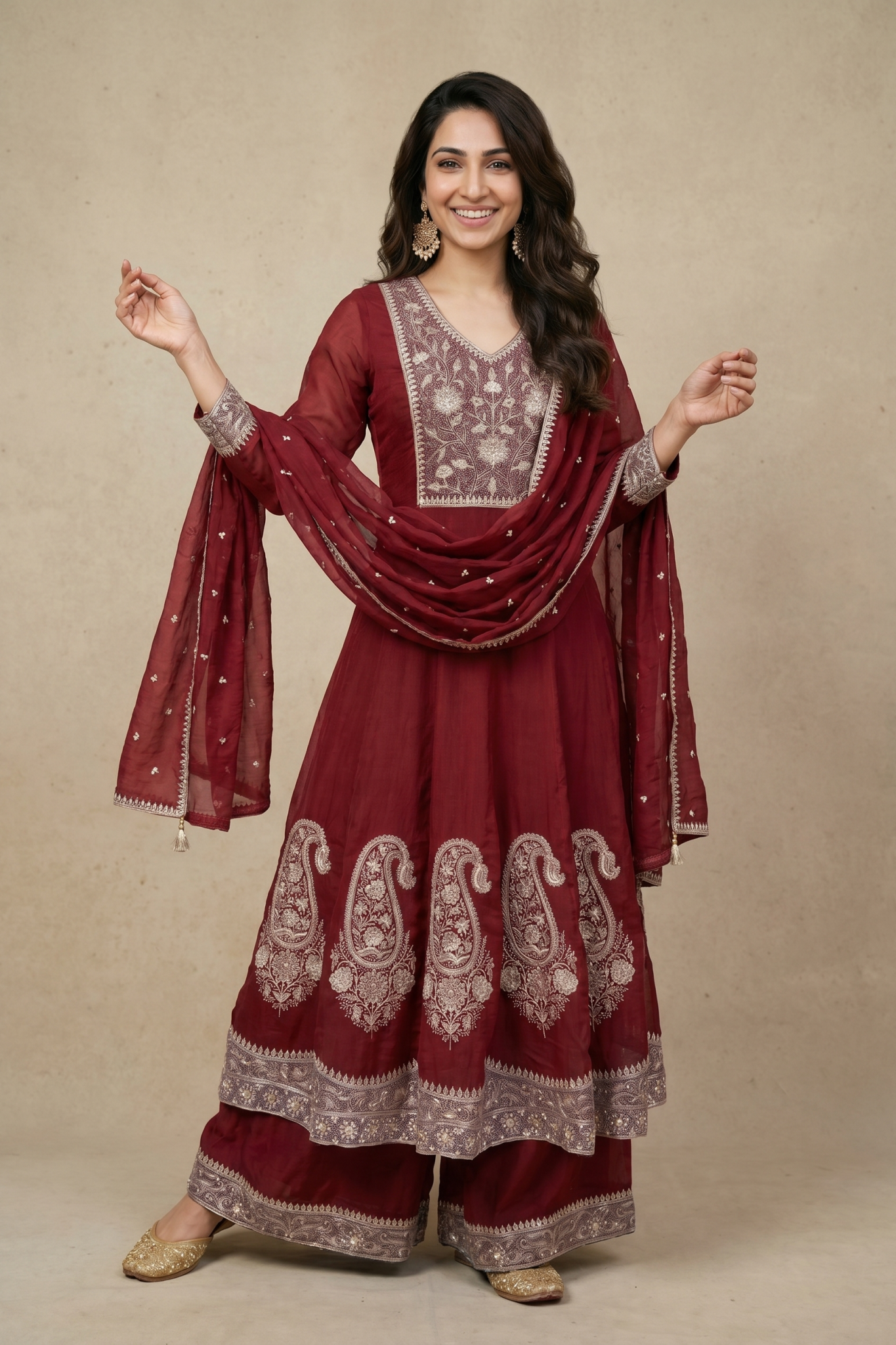 Maroon Embroidered Anarkali Set