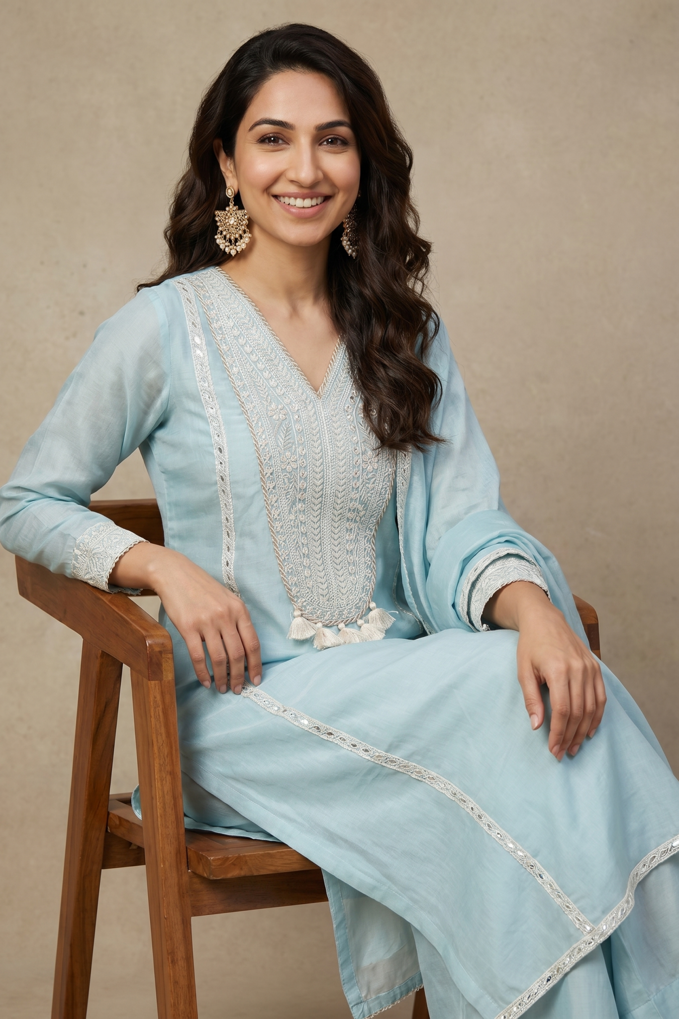 Powder Blue Chanderi Cotton Embroidered Salwar Set
