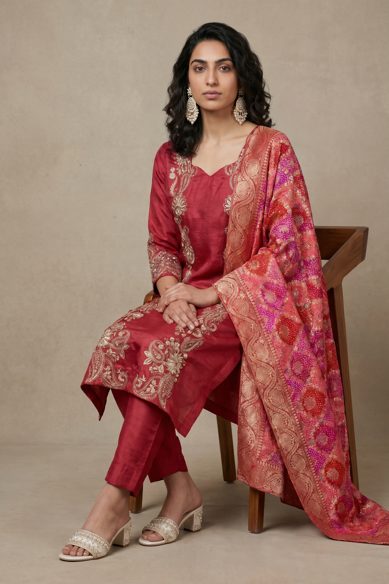 Coral Red Raw Silk Embroidered Salwar Set