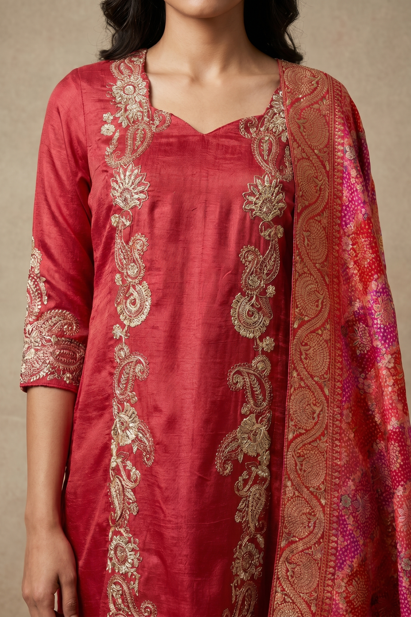Coral Red Raw Silk Embroidered Salwar Set