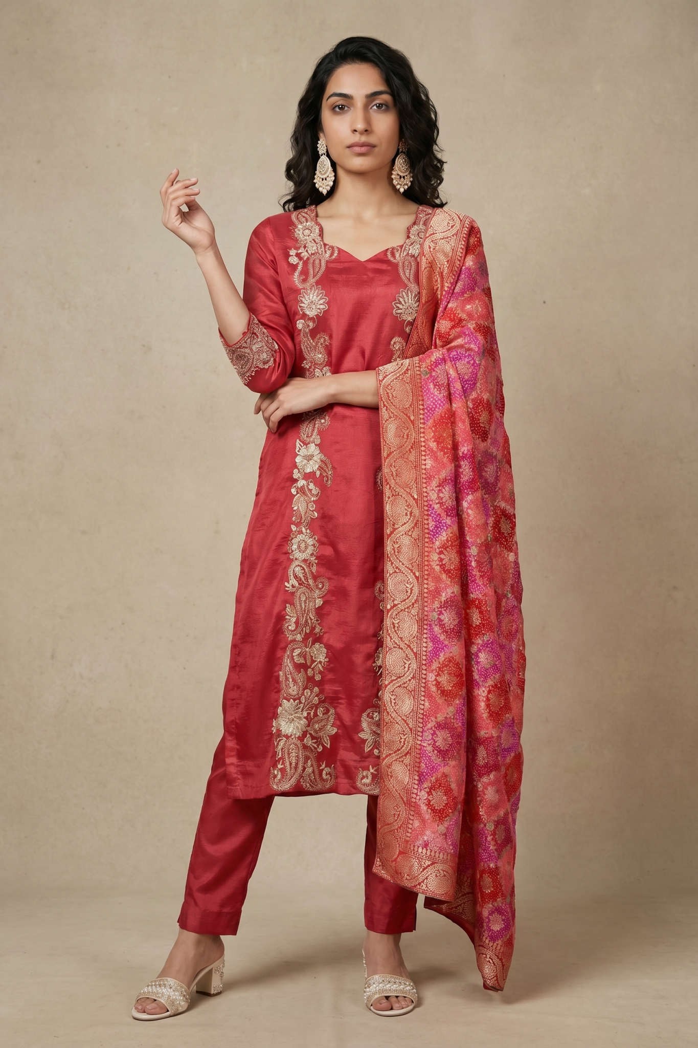 Coral Red Raw Silk Embroidered Salwar Set