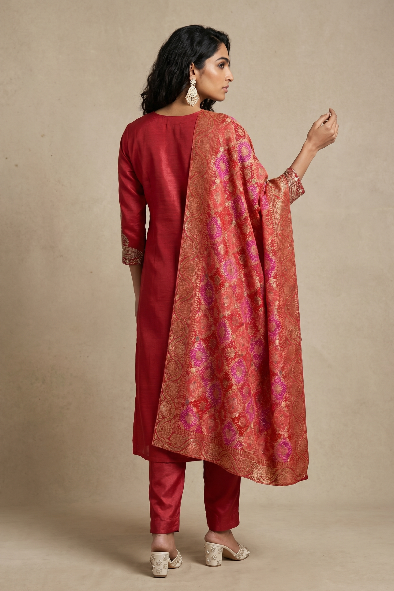 Coral Red Raw Silk Embroidered Salwar Set
