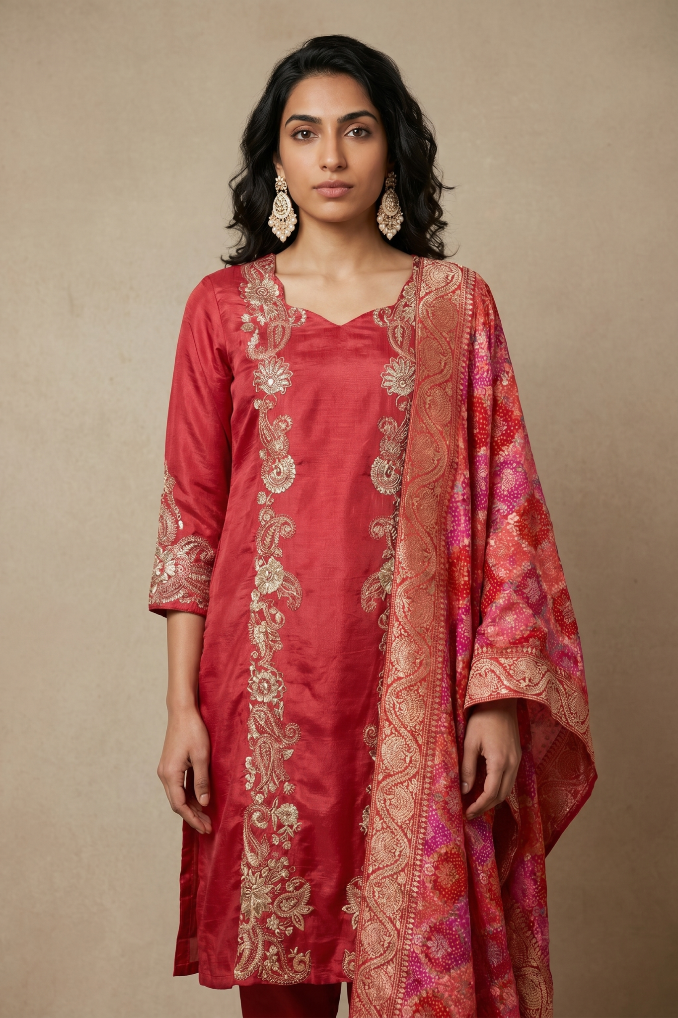 Coral Red Raw Silk Embroidered Salwar Set