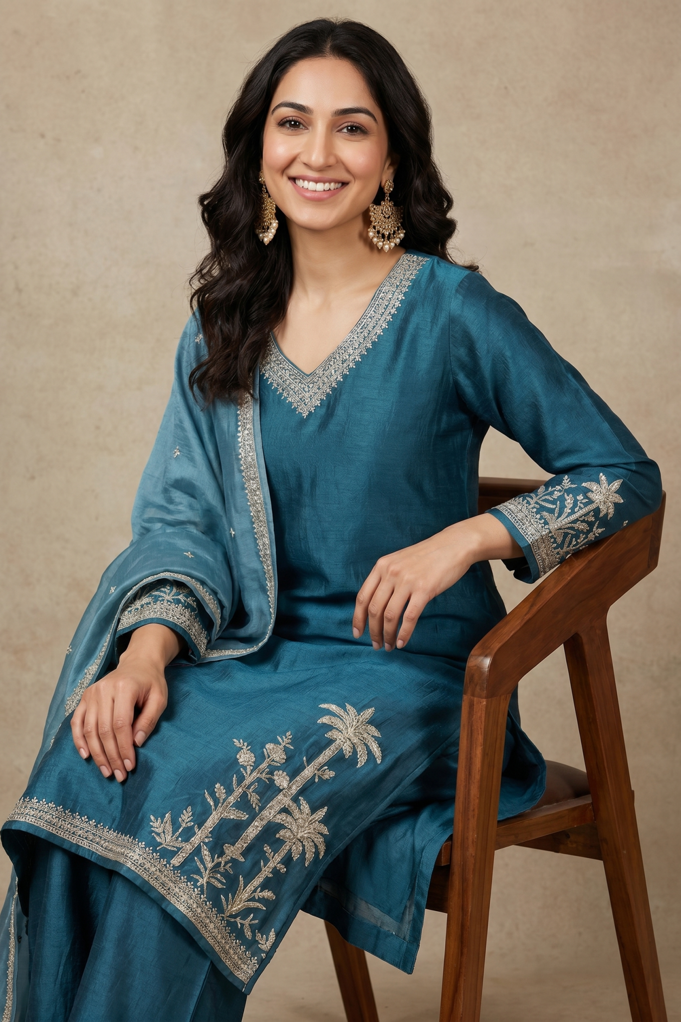 Teal Blue Raw Silk Embroidered Salwar Set