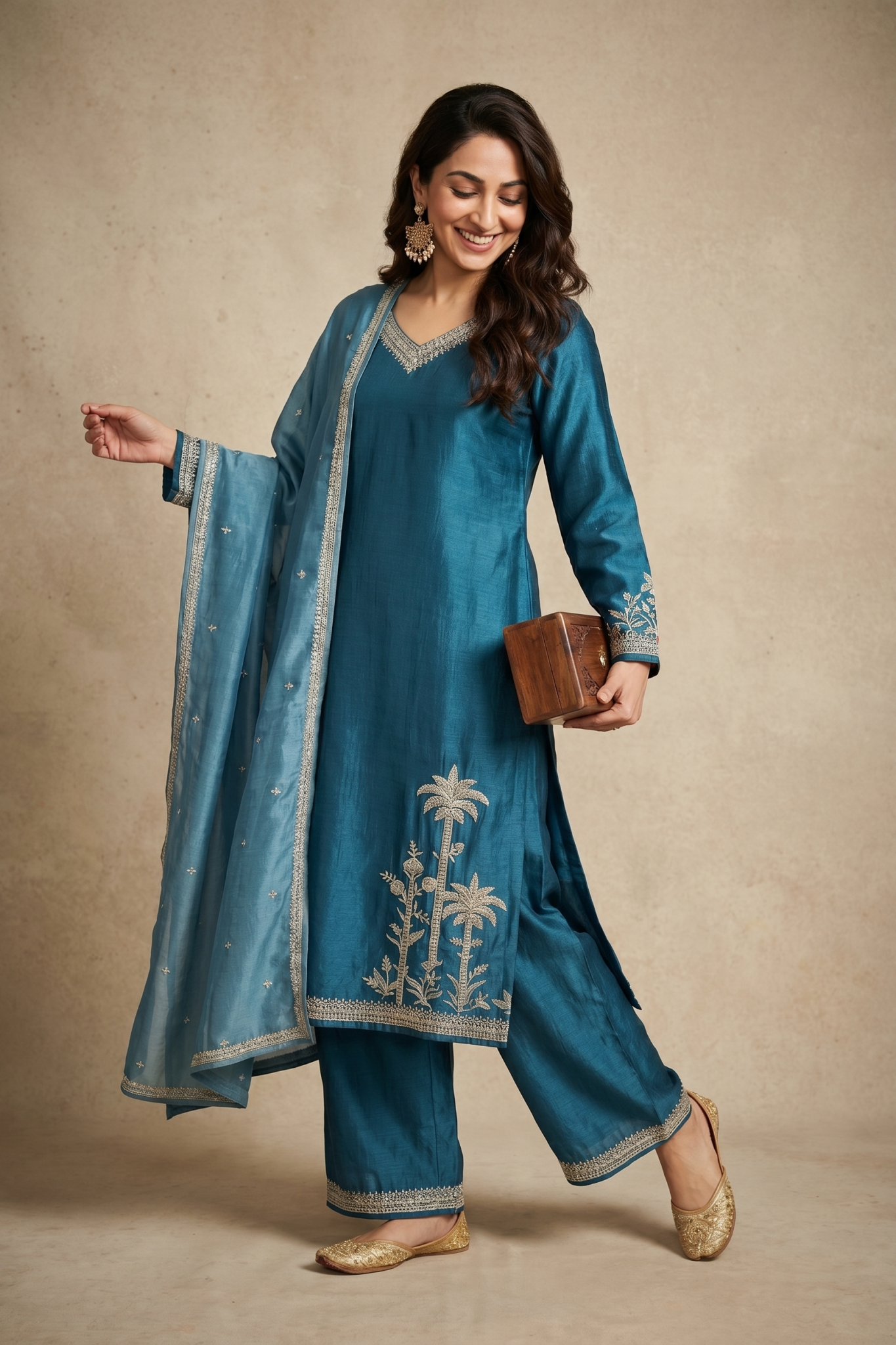 Teal Blue Raw Silk Embroidered Salwar Set
